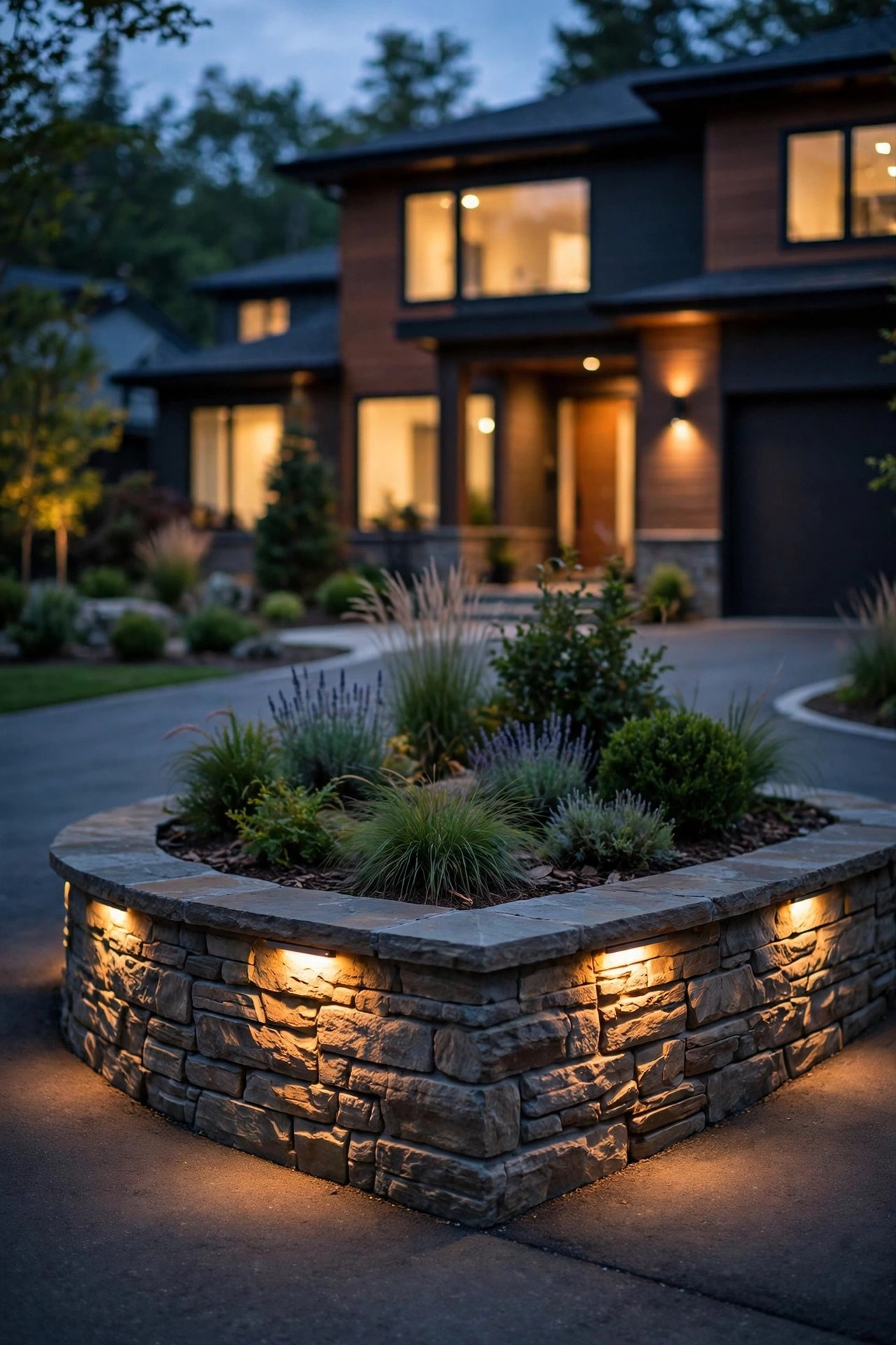 Low stone retaining wall around a driveway island with slim step lights under the cap washing warm light down the wall
