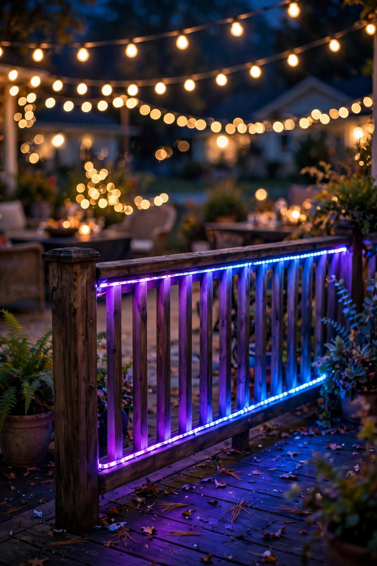 Deck railing glowing with blue and purple color-changing LED strip lights during evening party