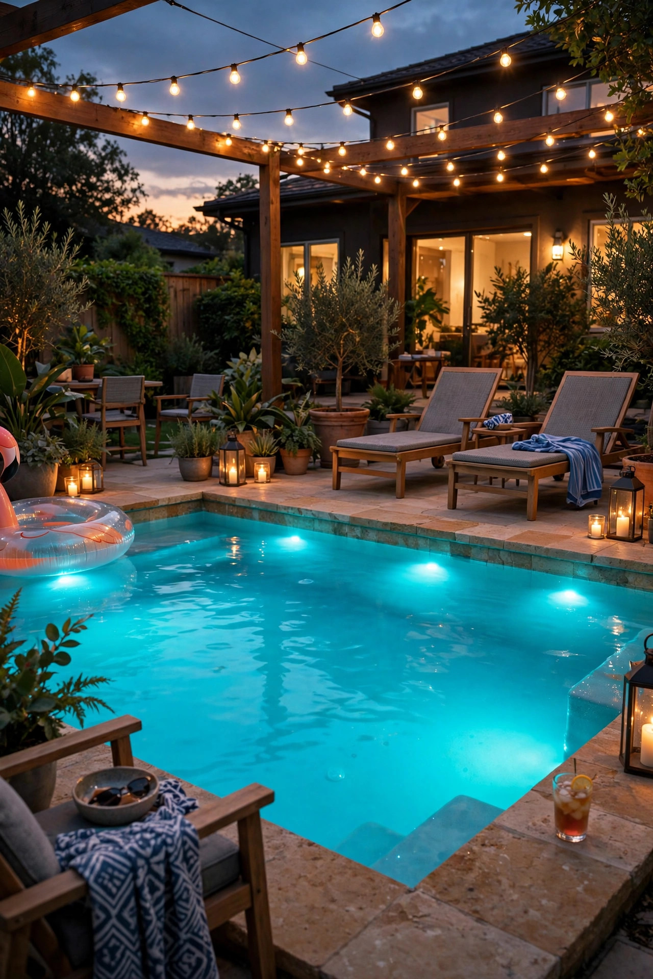 Backyard swimming pool glowing turquoise from color-changing RGB underwater lights during an evening swim party