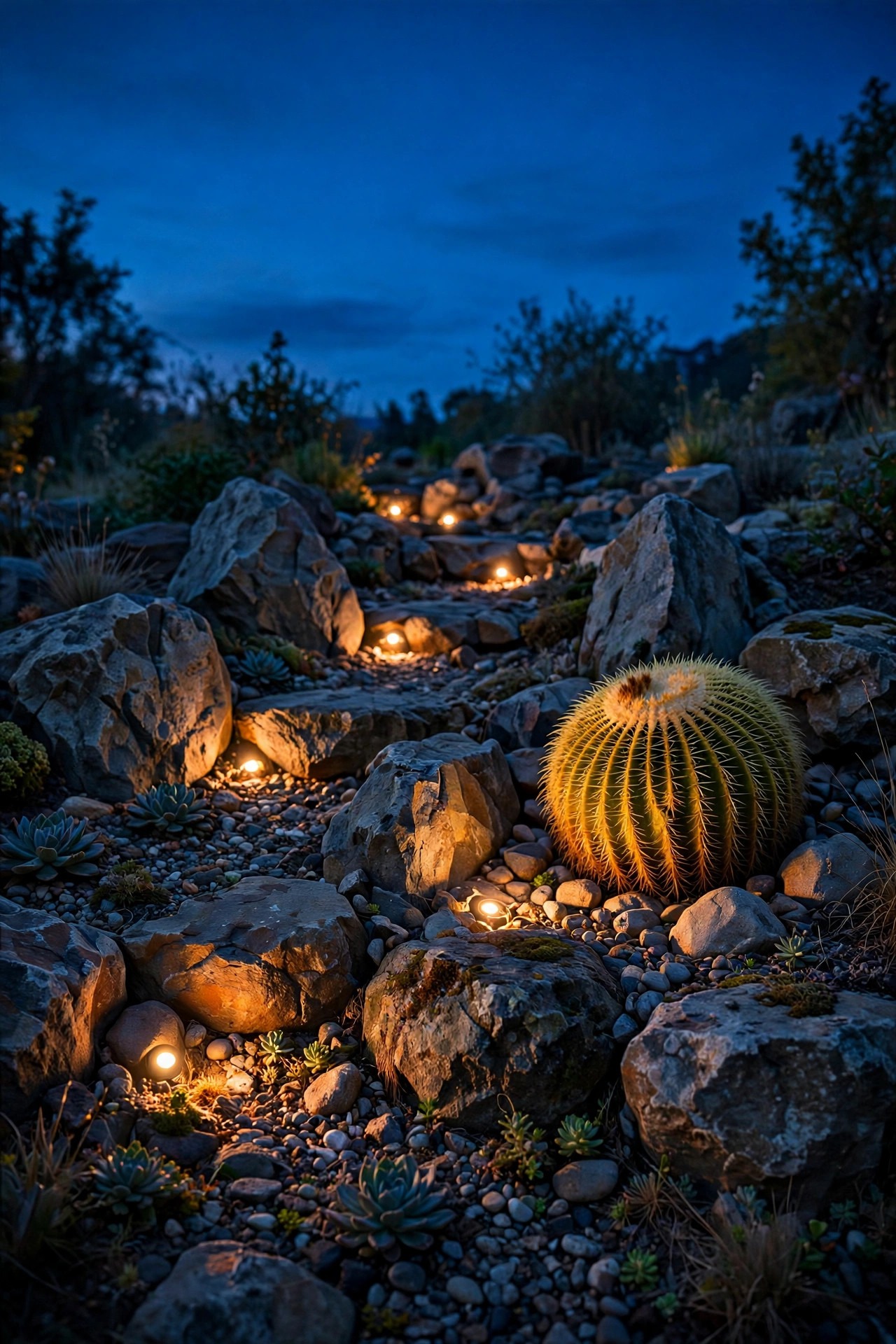 Rock garden bed at night with small well lights nestled between stones, warm light pooling on rocks and a golden barrel cactus