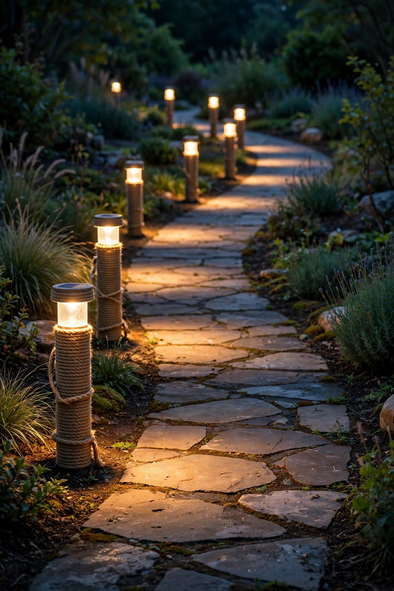 Rope-wrapped solar bollard lights lining a curved garden path at dusk with warm overlapping pools of light