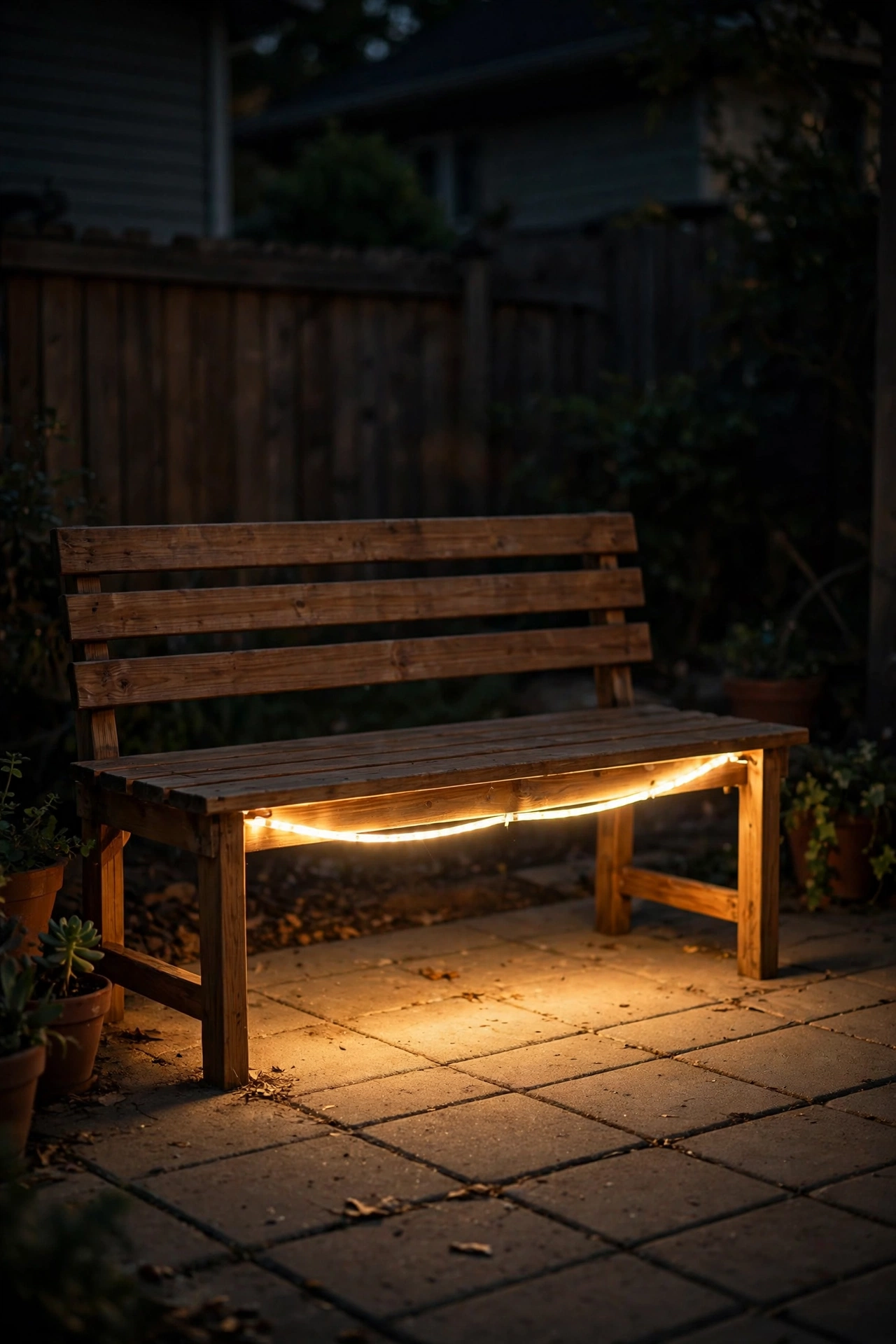 Hidden LED rope light glowing under a wooden patio bench at night