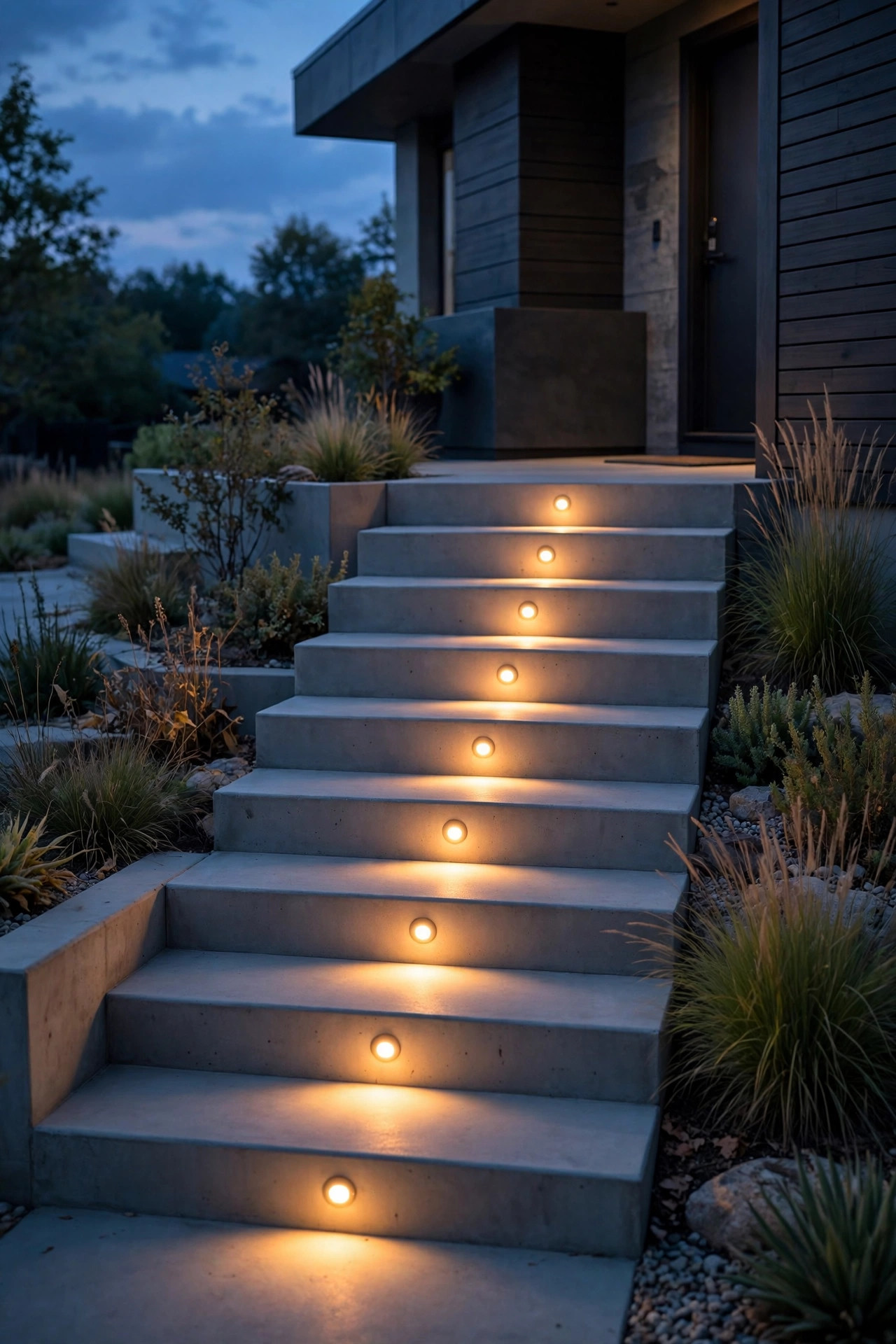 Row of small round recessed puck lights dotted along the risers of a modern entry staircase at dusk