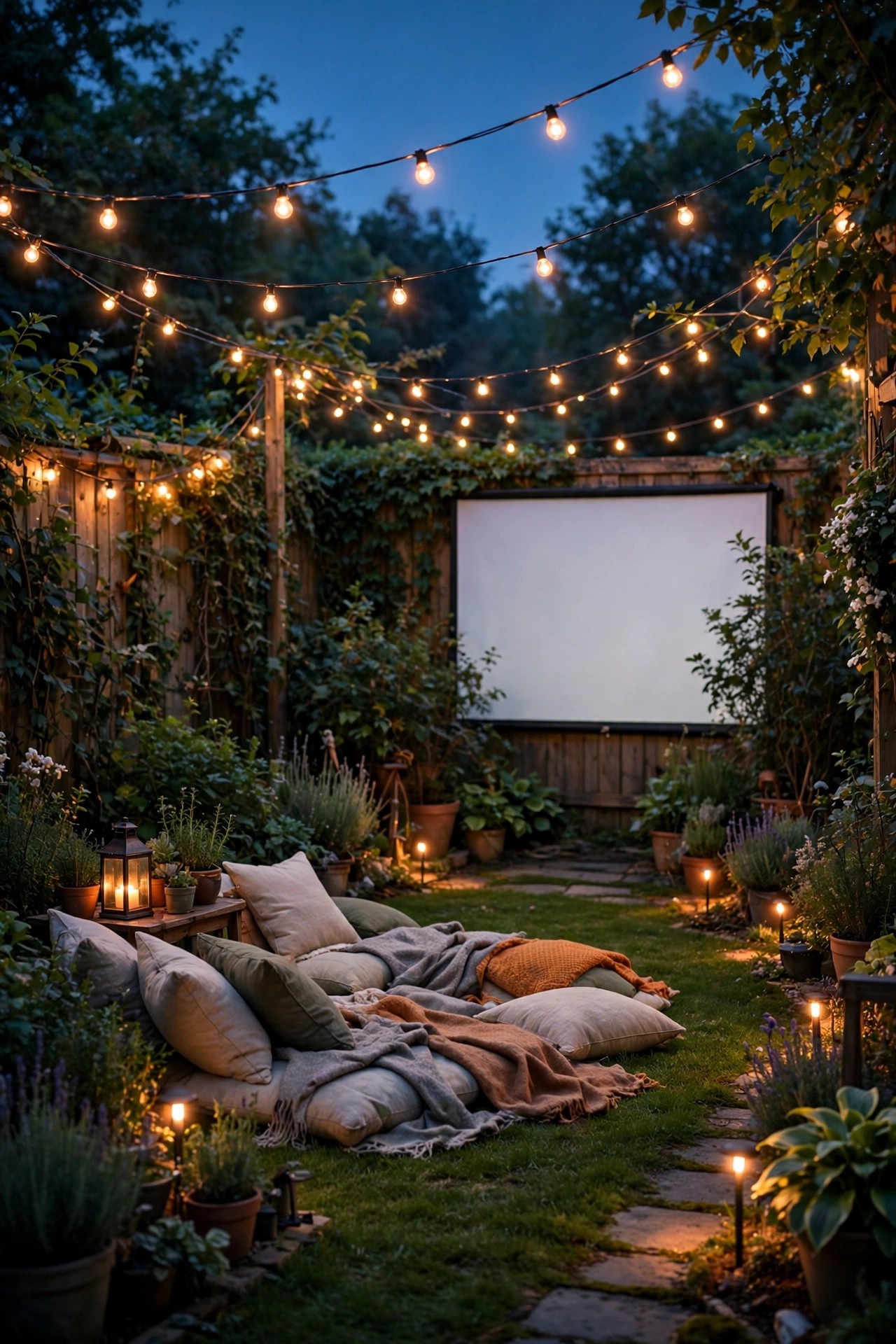 Backyard garden set for an outdoor movie night with dimmed warm string lights and soft path lighting