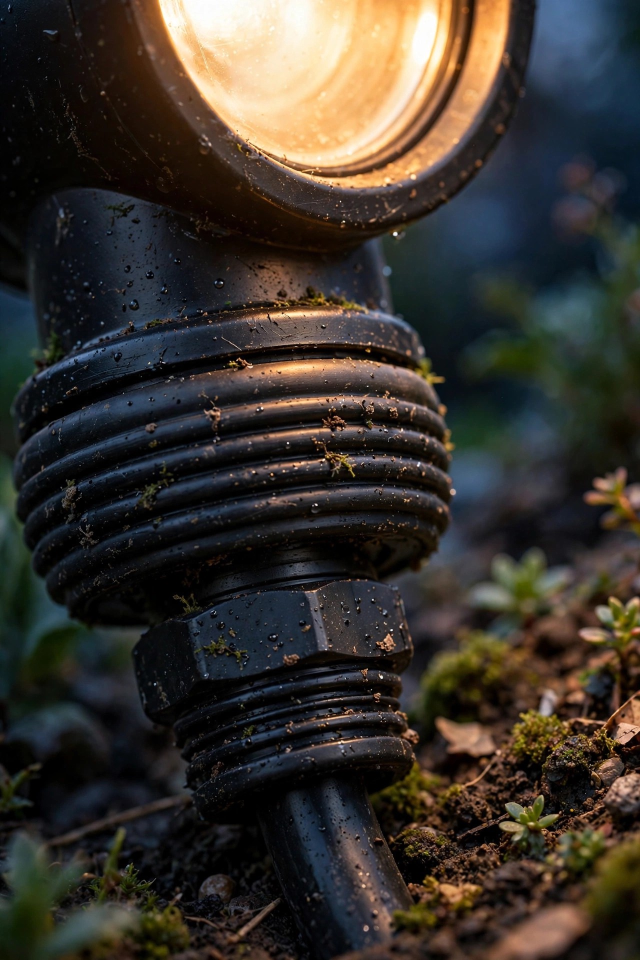 Close view of a quality outdoor spotlight's thick rubber gasket and sealed cable entry glowing at dusk