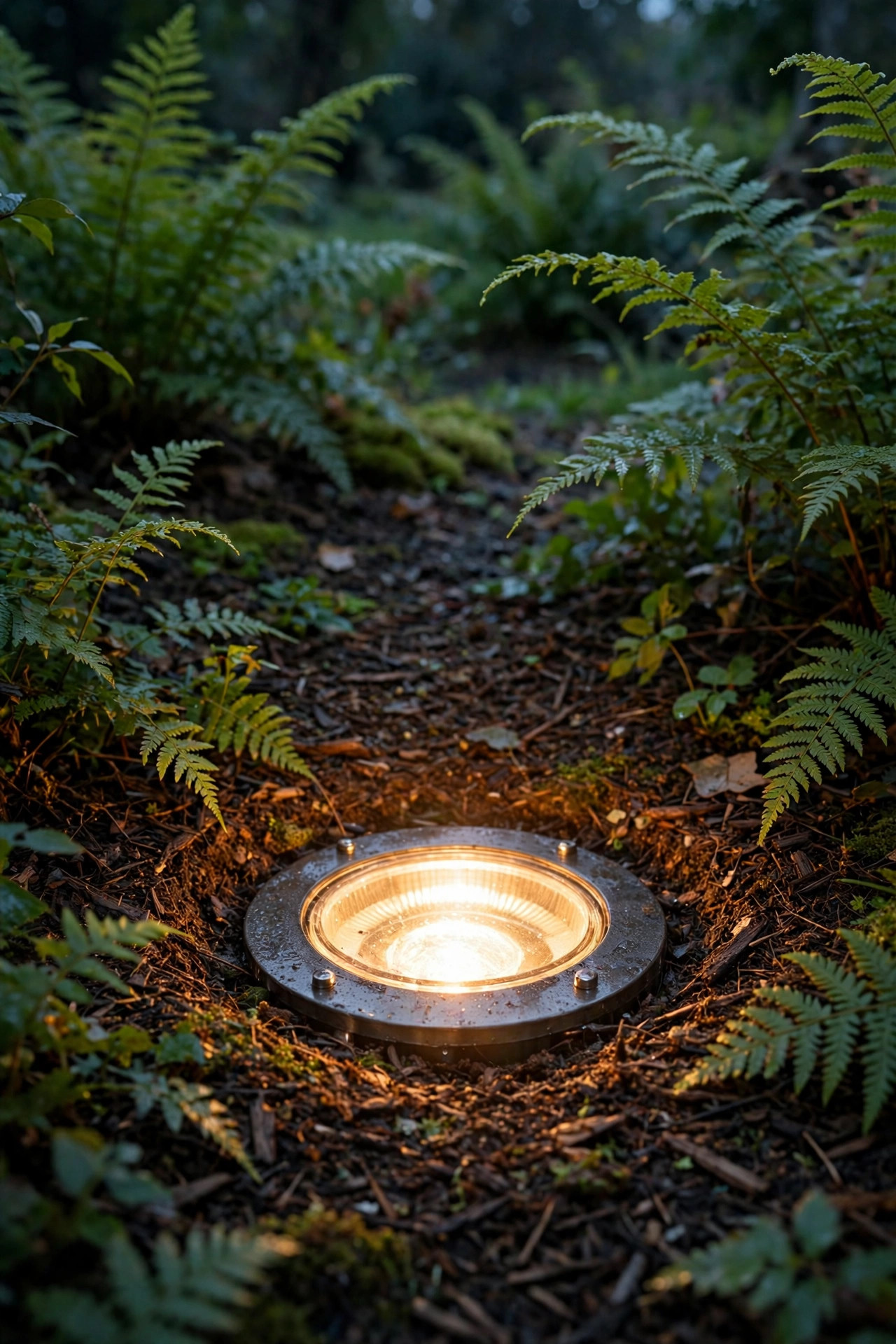 Sealed in-ground well light fixture with glass lens glowing warm in a mulched garden bed at dusk, surrounded by ferns
