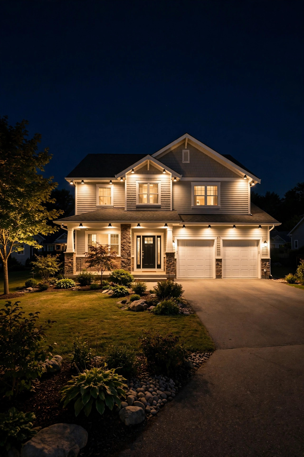 Suburban home at night with well-placed outdoor flood lights creating even security lighting with no glare