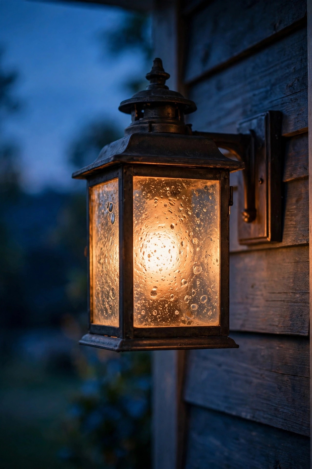 Close view of a lantern with seeded bubble glass glowing softly and warmly at dusk on a porch wall