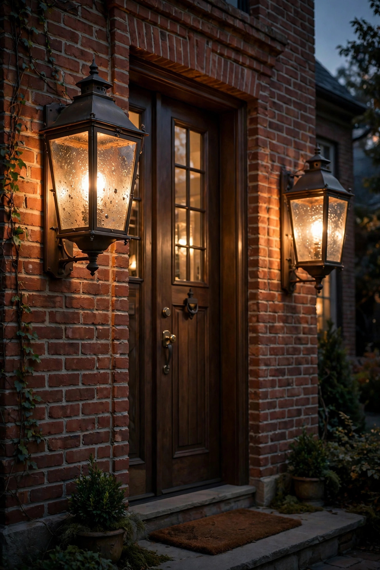 Oversized seeded glass lantern sconces with bronze frames glowing beside a traditional brick home's tall front door at dusk