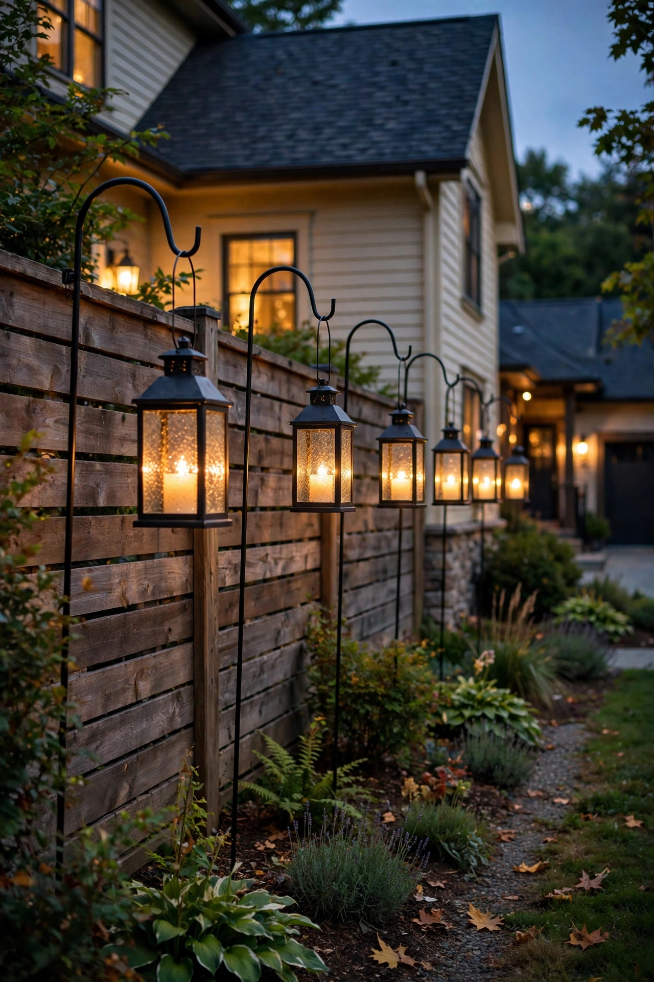 Glowing lanterns hanging from shepherd hooks along a side yard fence at dusk