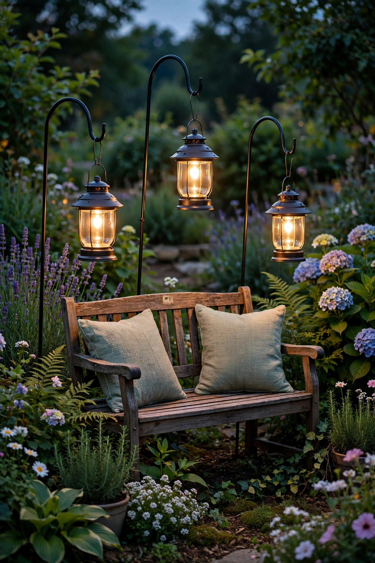 Solar lanterns hanging from black shepherd's hooks over a garden bench at dusk surrounded by lush summer planting