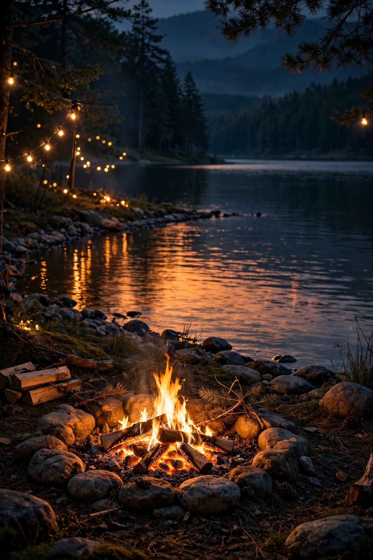 Lakeside fire pit area at night with soft warm light reflecting on calm water along a gently lit shoreline edge
