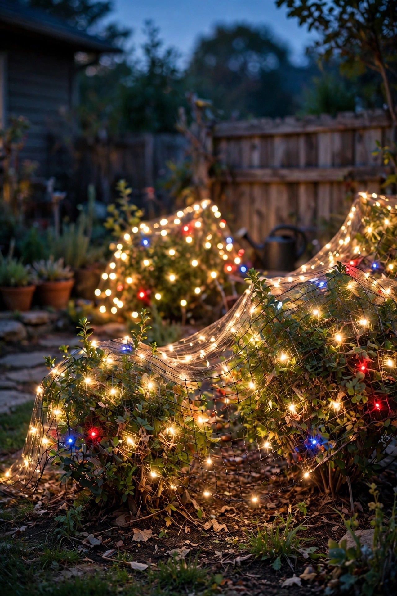 Net lights draped over backyard shrubs glowing warm white with red and blue accents