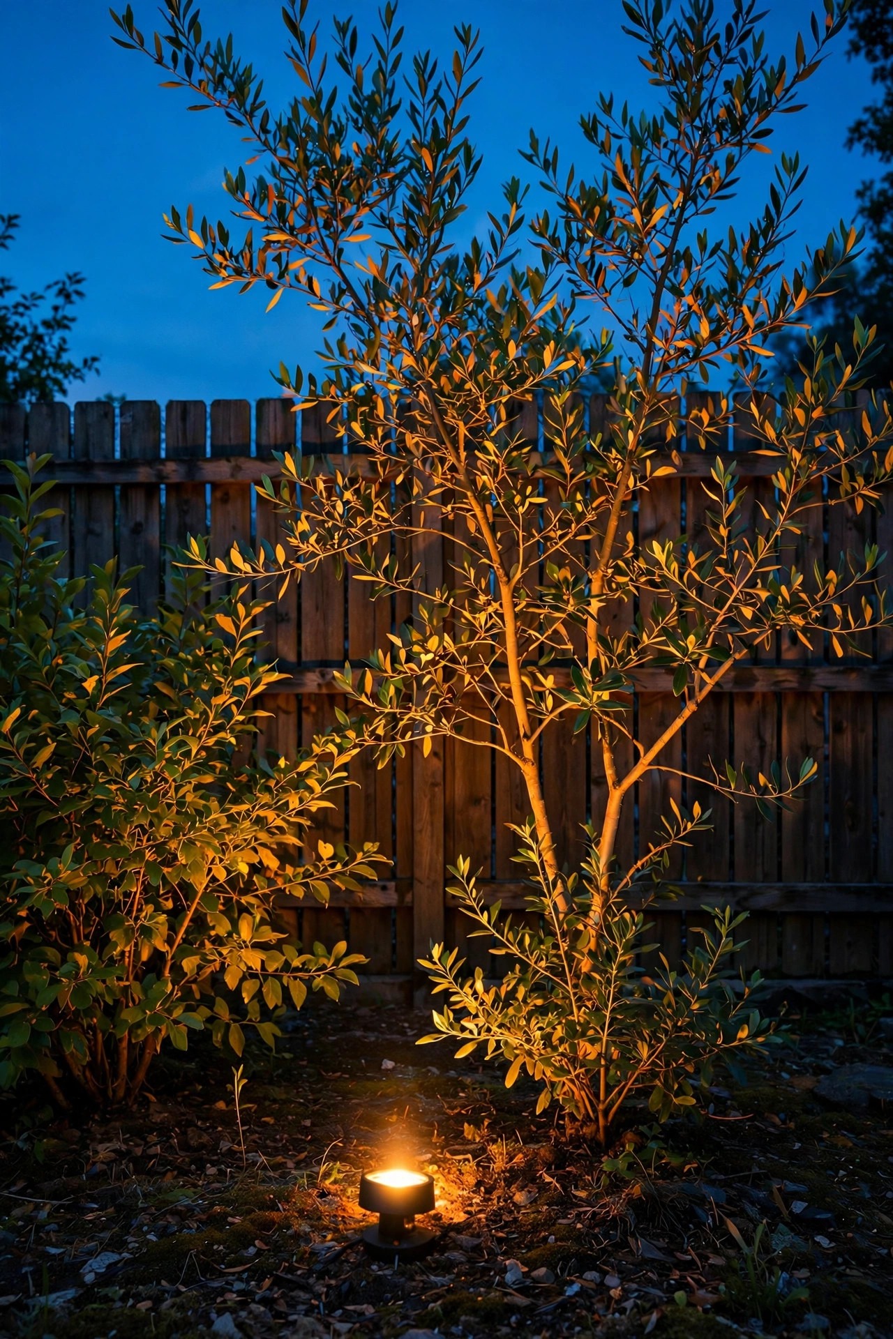 Ground spotlight uplighting a leafy shrub and small tree against a backyard fence at dusk, branches glowing warm