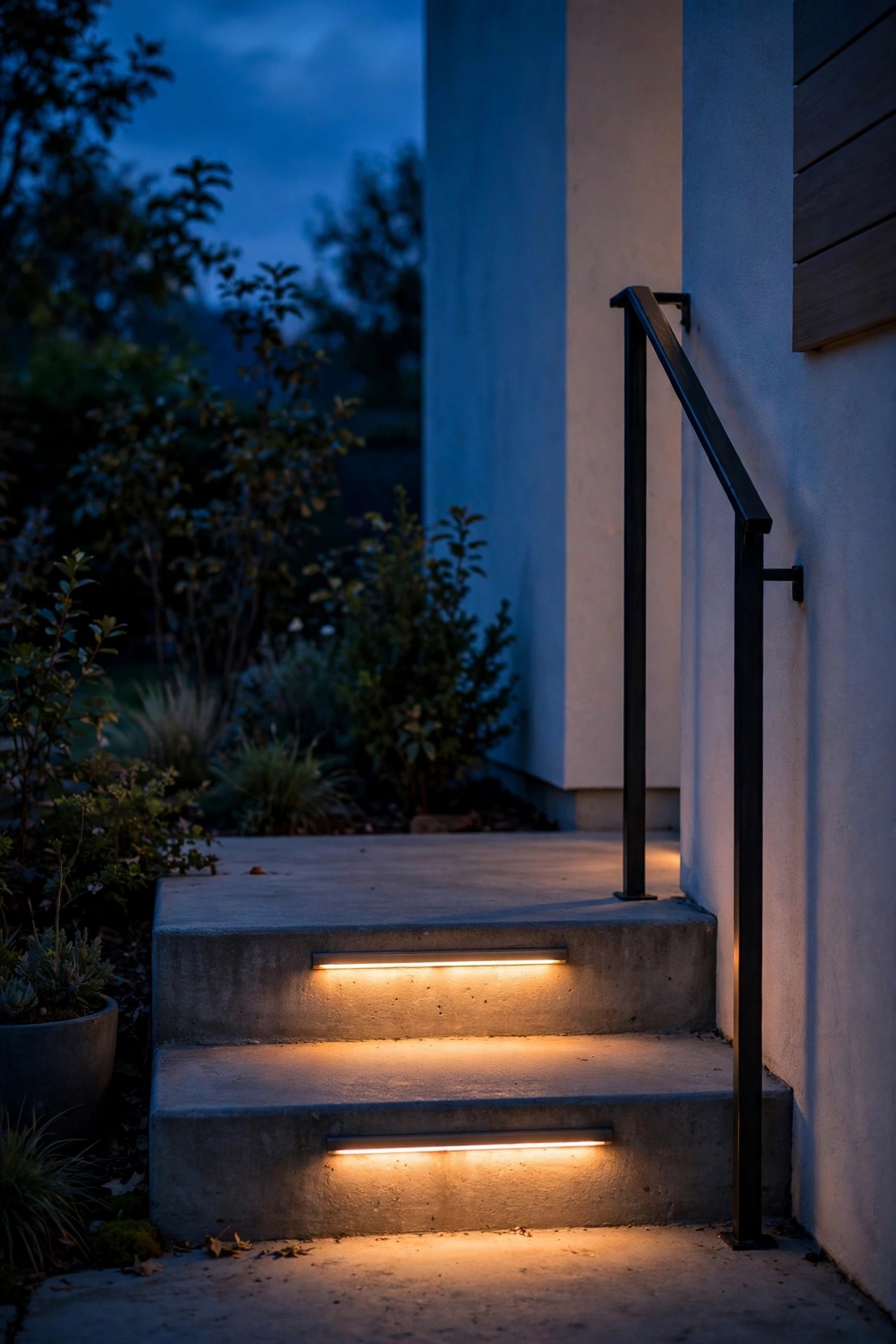 Two concrete side steps at dusk with slim warm step lights glowing in the risers, a handrail and house wall beside them