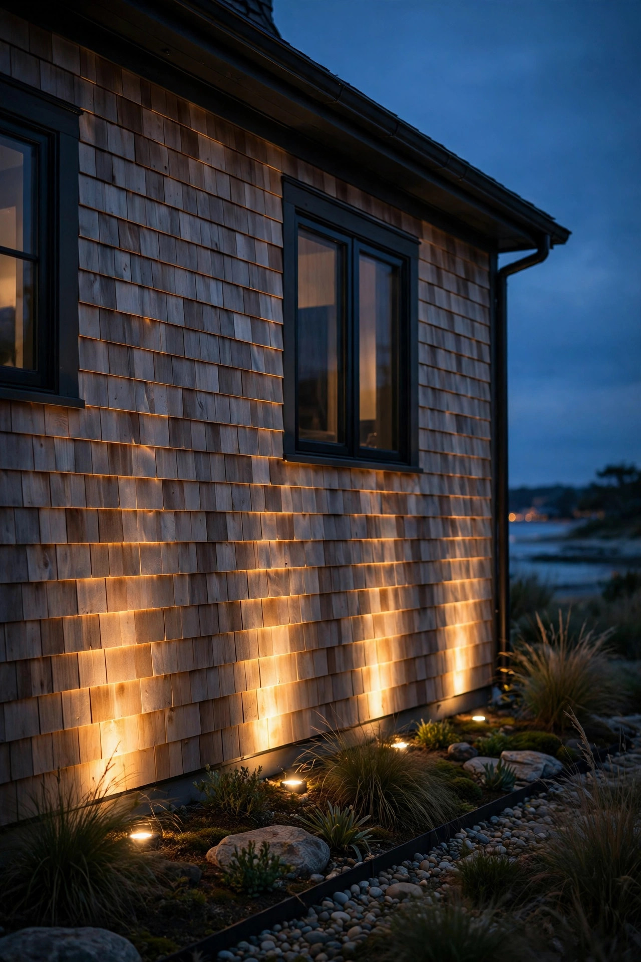 Ground wash lights grazing warm light up cedar shake siding on a coastal house at night