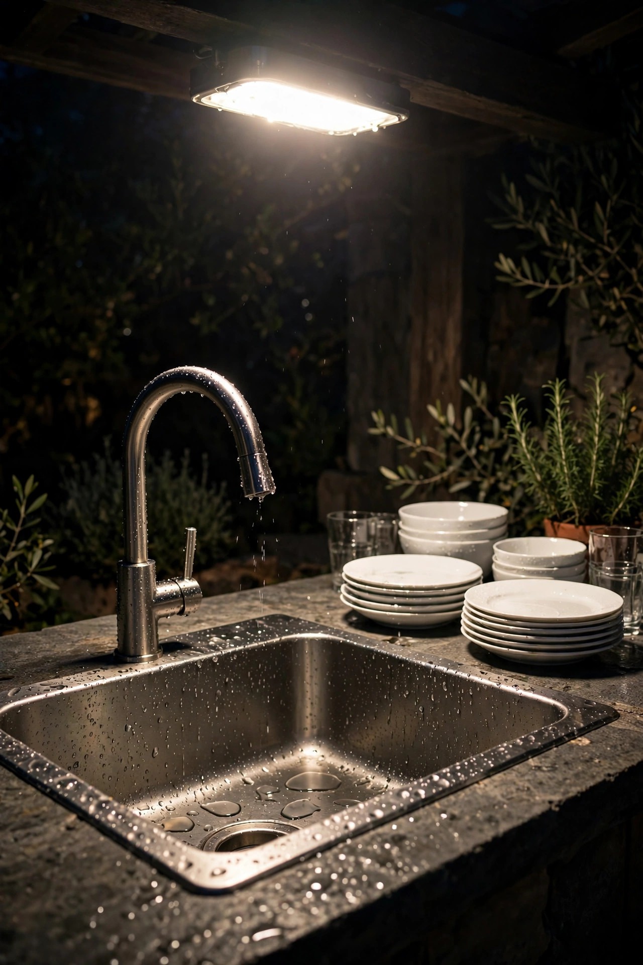 Bright sealed light washing over an outdoor kitchen sink and faucet at night, clean dishes stacked beside the basin