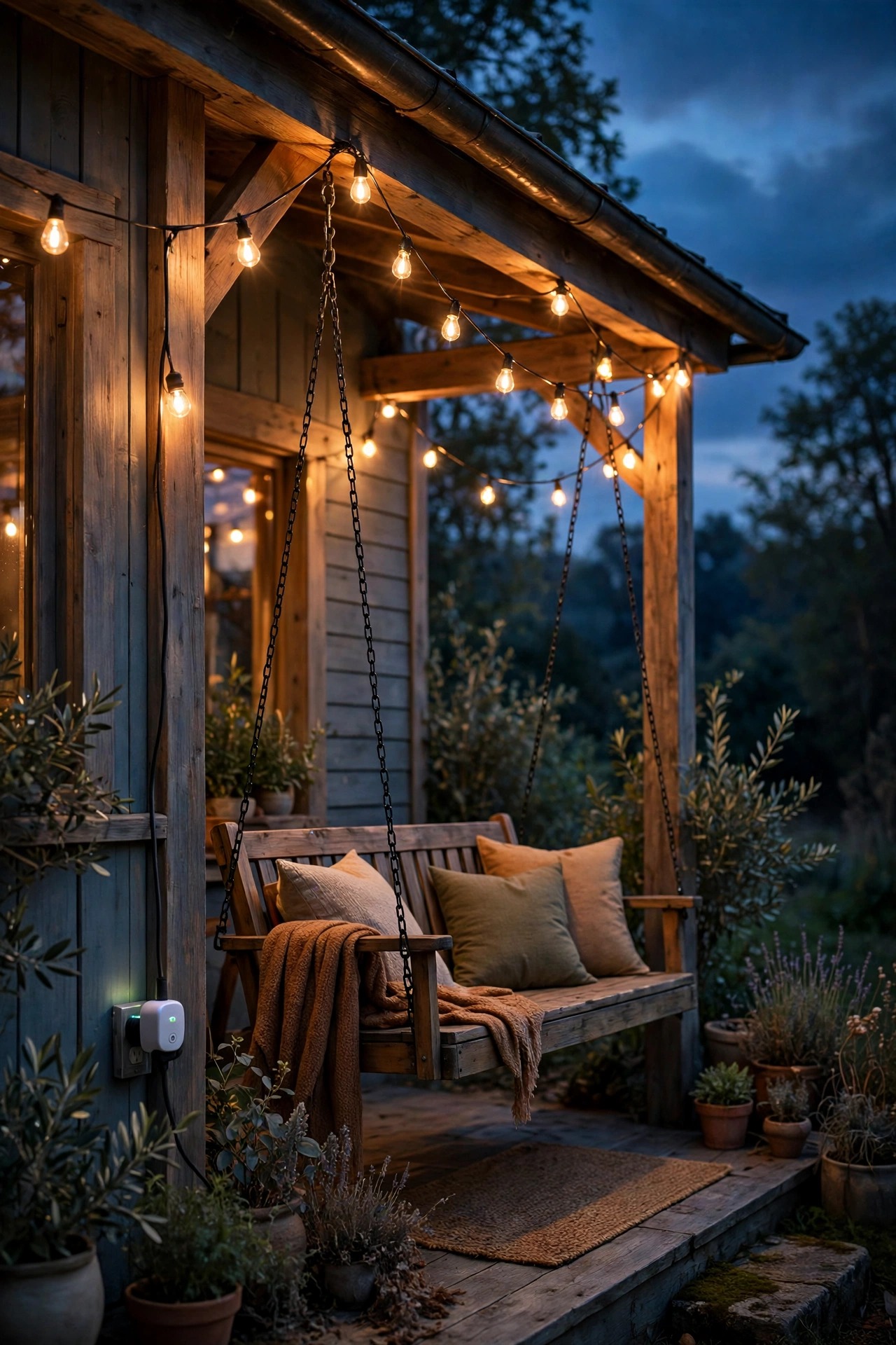 Café string lights glowing over a porch swing at dusk, powered through an outdoor smart plug