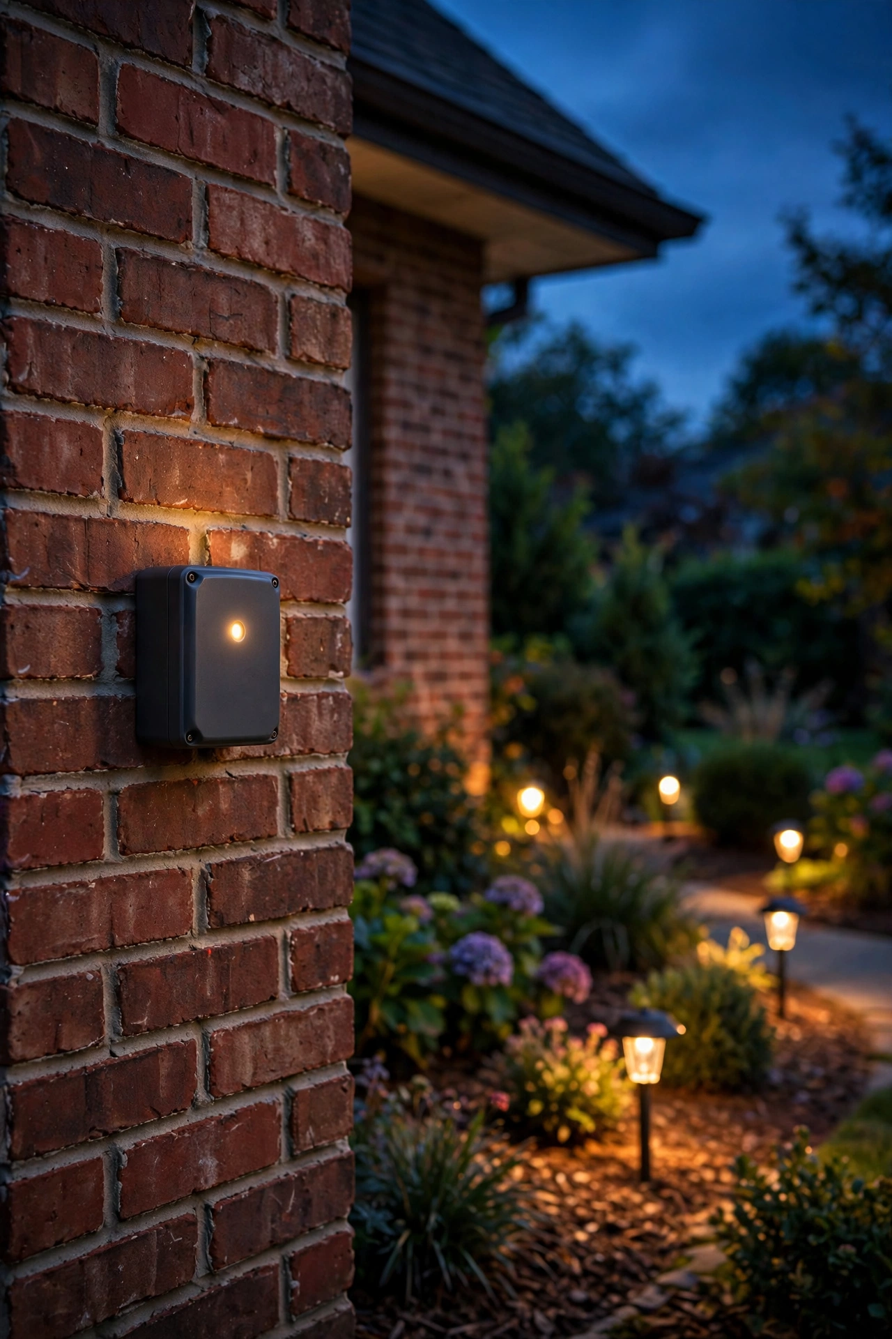 Smartphone app controlling three landscape lighting zones — path, accent, and wash timers on a glowing screen at dusk