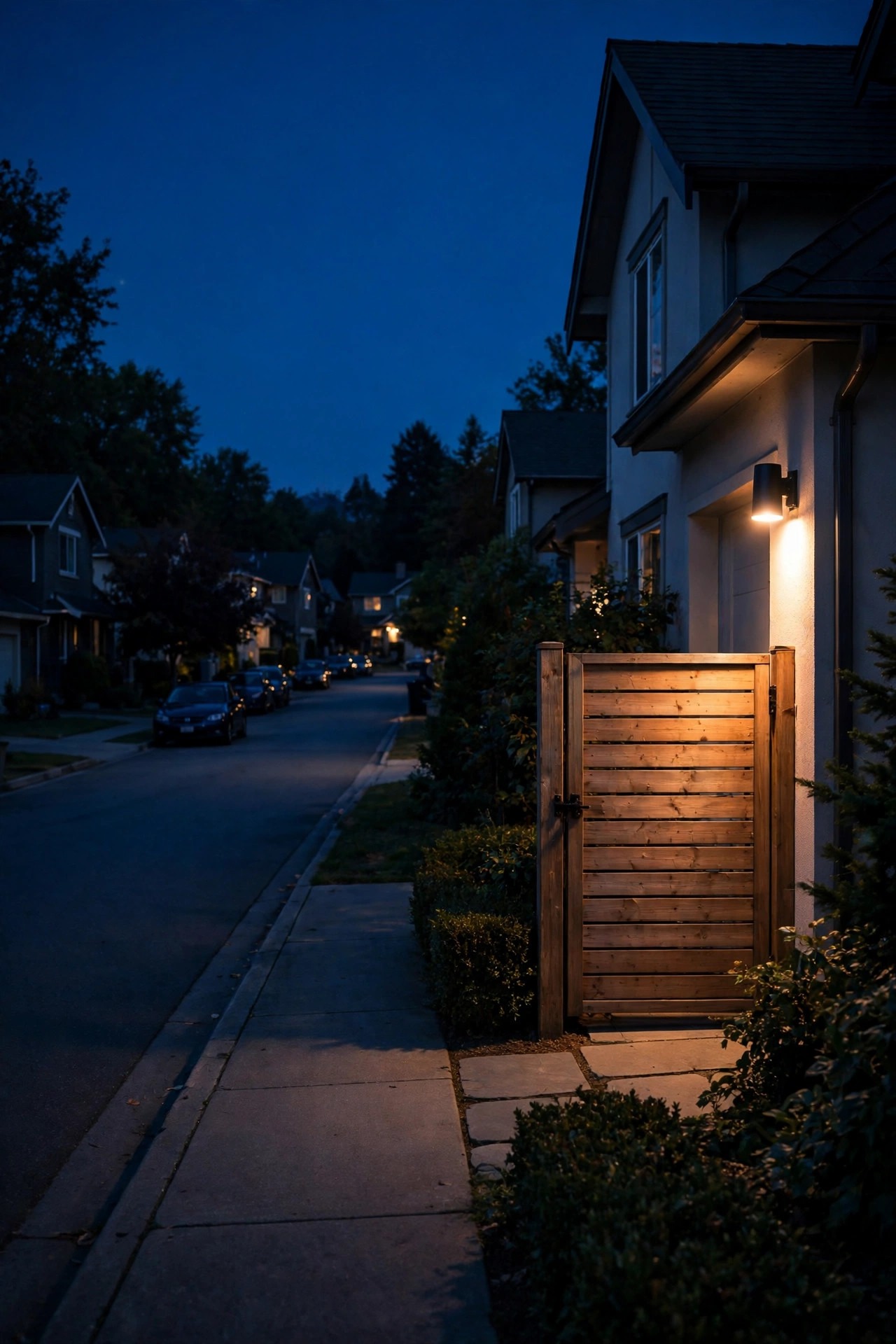 quiet suburban street at night with one home lit warmly by a smart flood light over the side gate, calm and residential rather than harsh