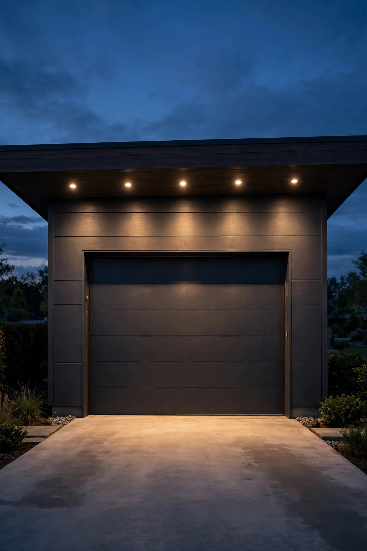 Recessed LED downlights under the eave of a detached garage washing the door and apron in even warm light