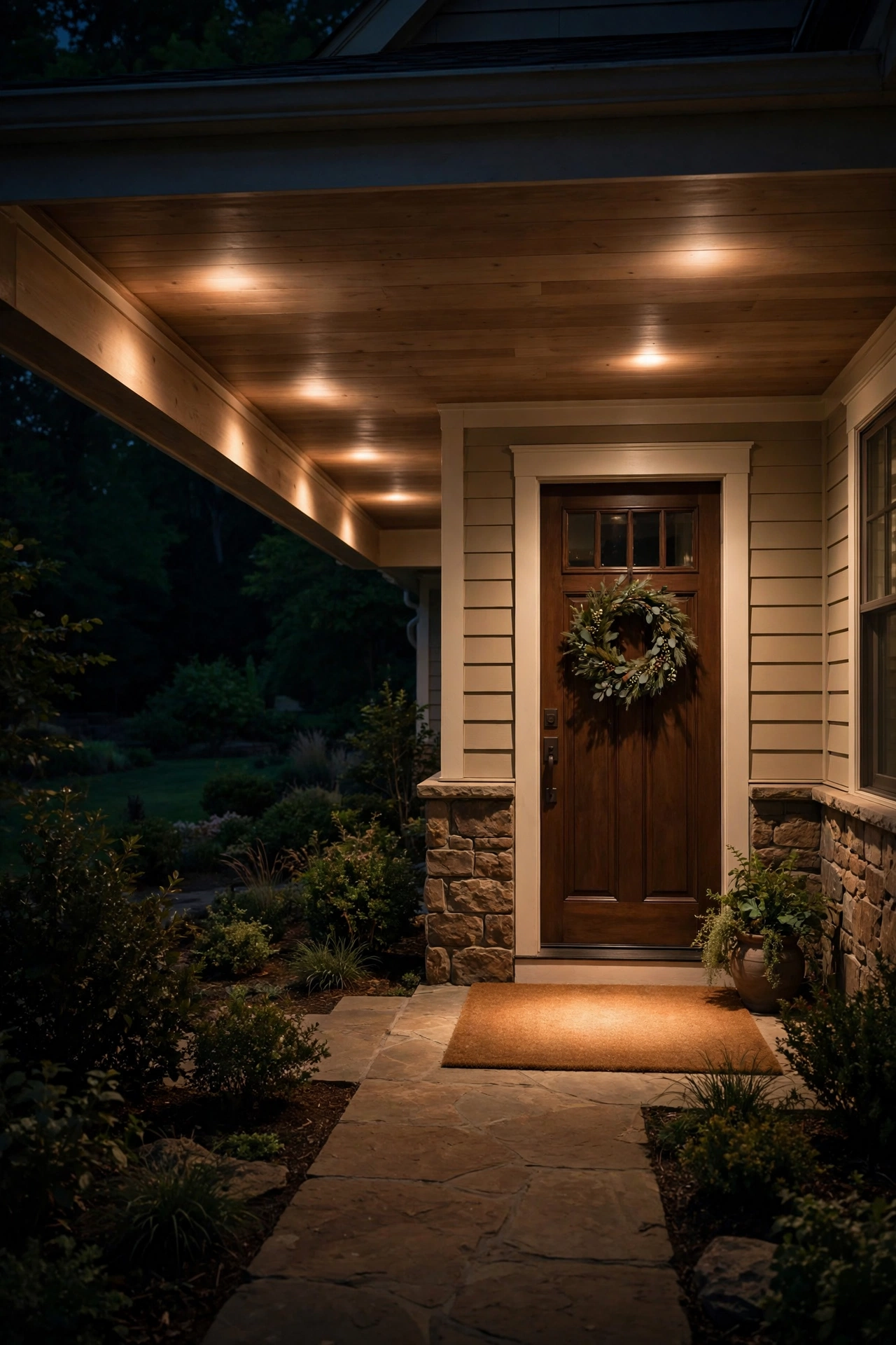 Recessed soffit downlights glowing over a front porch entry at night