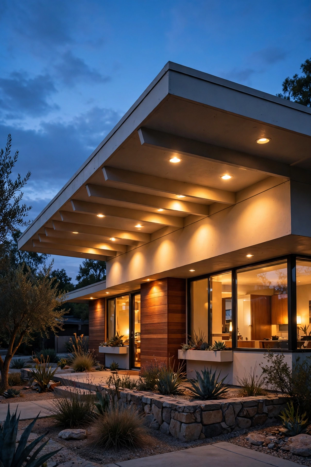 Recessed soffit downlights casting warm pools of light along the cantilevered roofline of a mid century modern house