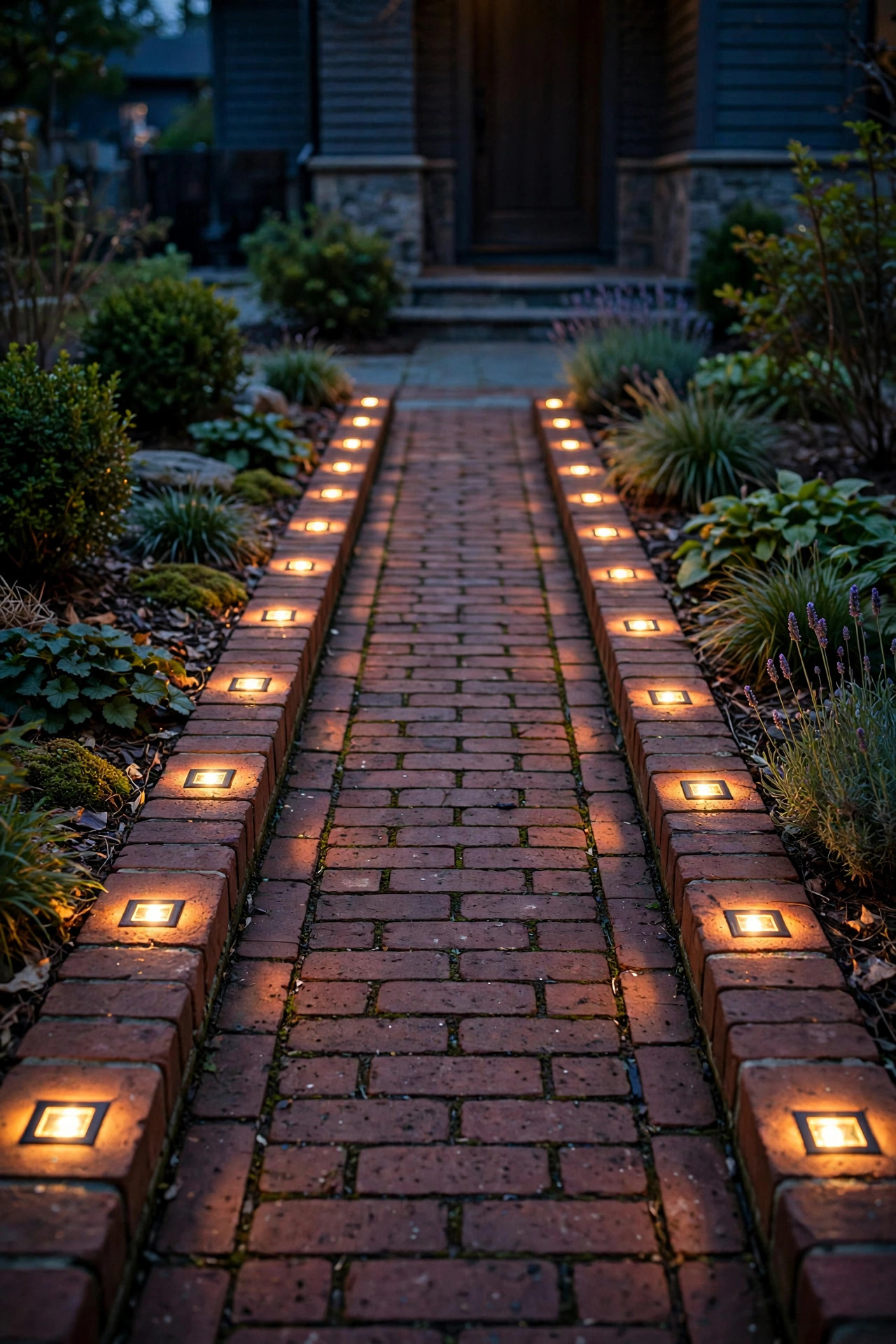 Solar brick lights glowing within the brick edging of a narrow front walkway at dusk