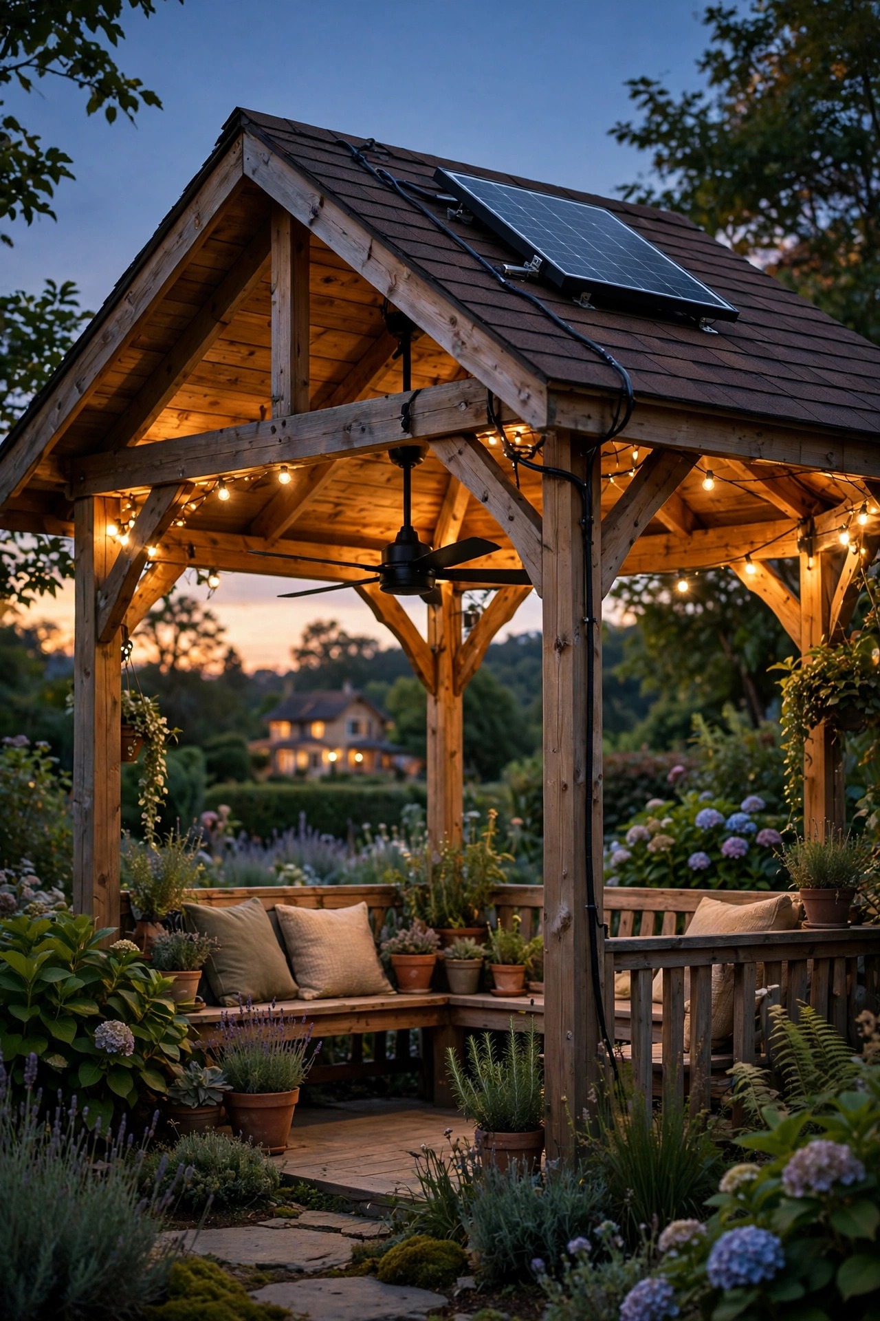Solar powered ceiling fan with small rooftop solar panel in a garden gazebo away from the house
