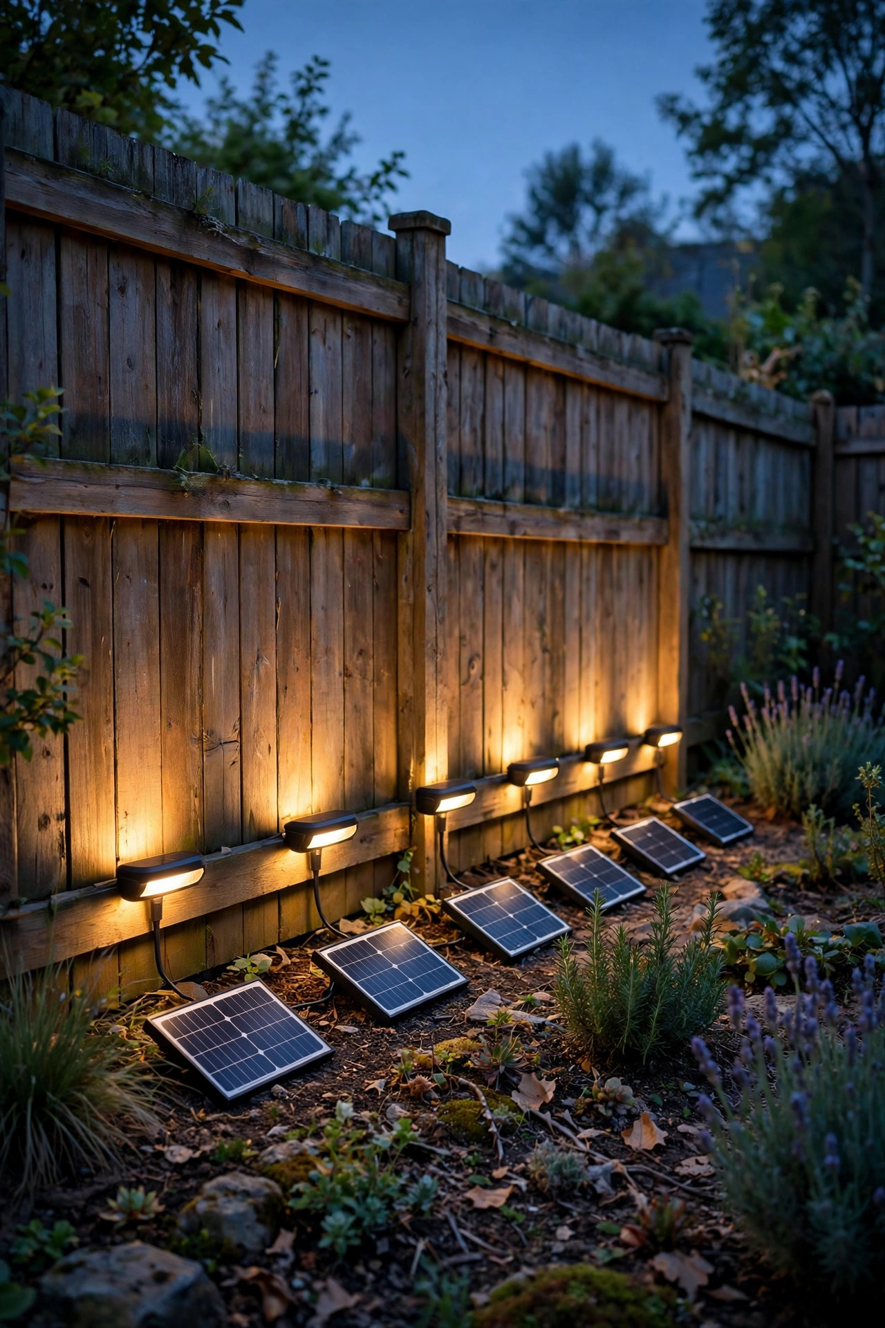 Solar wash lights with remote panels glowing along the base of a backyard fence at dusk