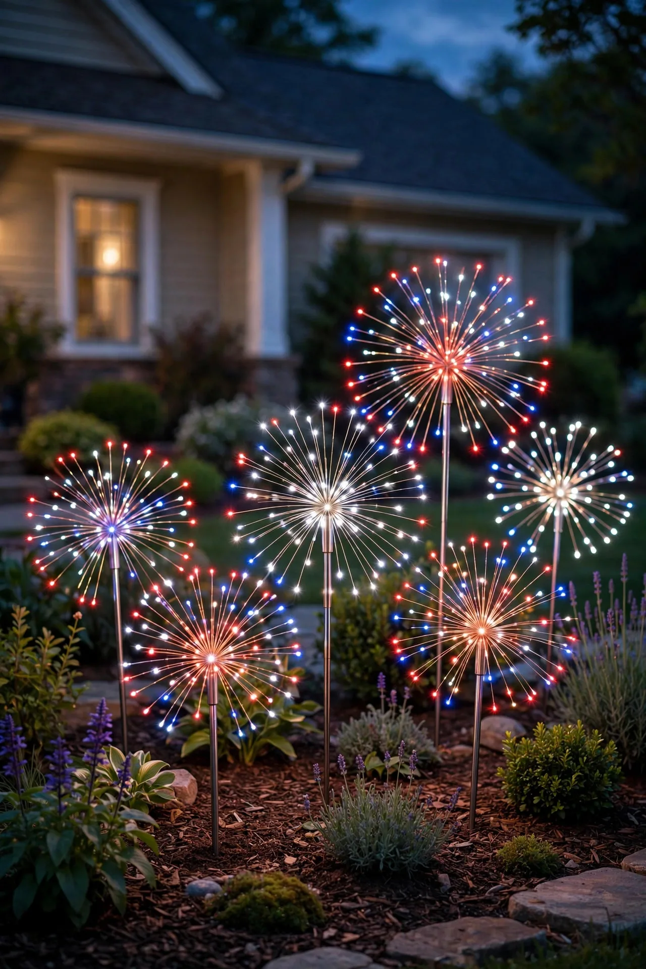 Solar firework-burst stake lights glowing red, white, and blue in a garden bed at dusk