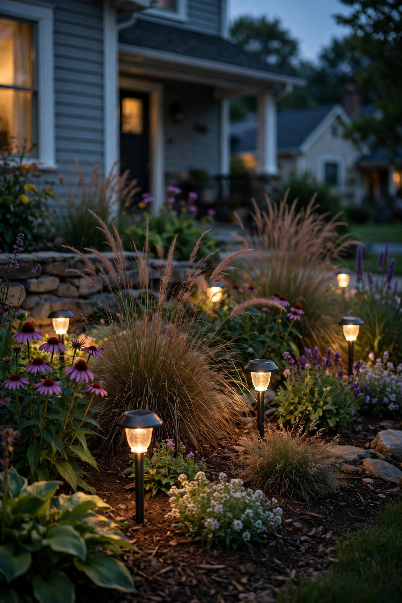 Low solar stake lights glowing softly among front yard flower beds and grasses