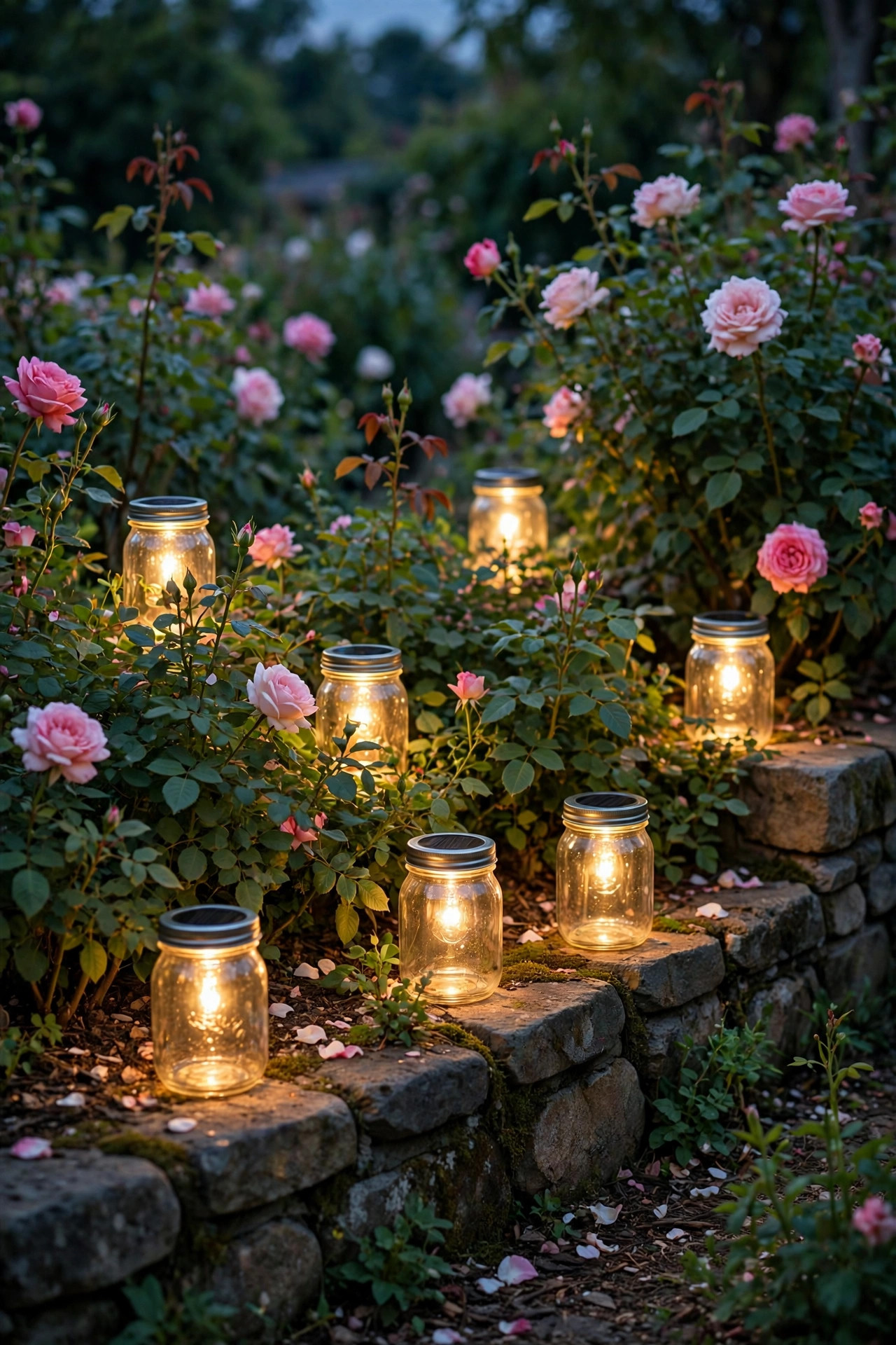Glass solar jar lanterns glowing among rose bushes and along a low stone garden edge at dusk