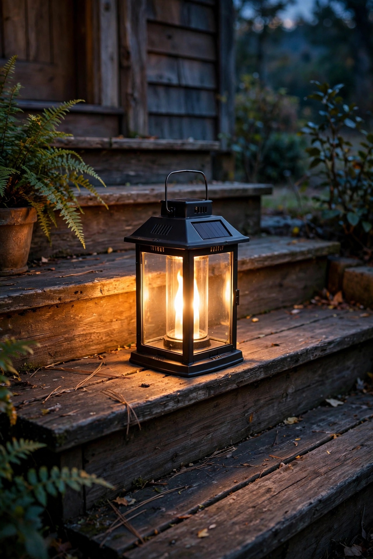 Solar lantern with a warm flickering glow sitting on wooden porch steps at dusk, photorealistic
