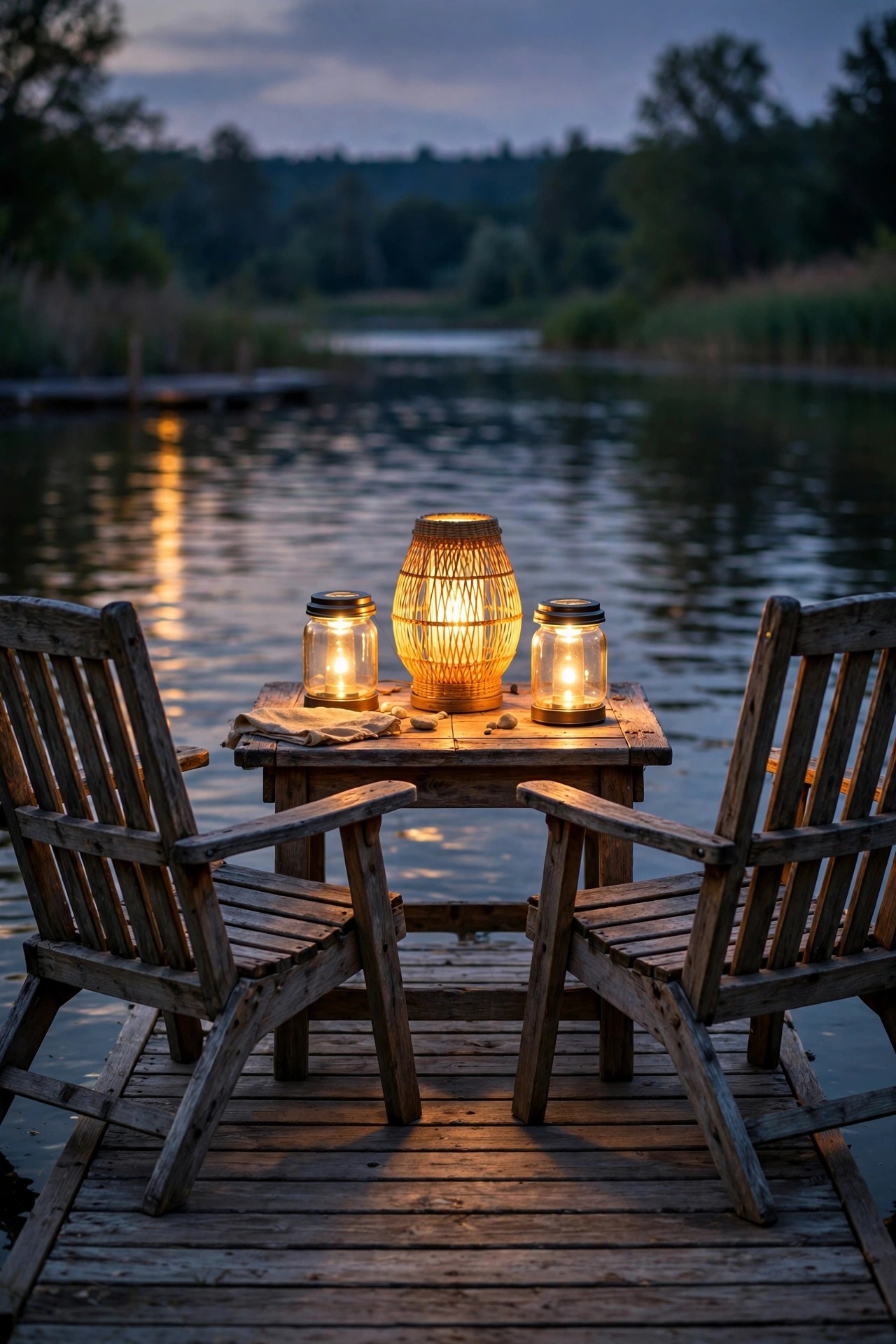 Solar lanterns glowing on a small table between two chairs at the end of a dock in the evening