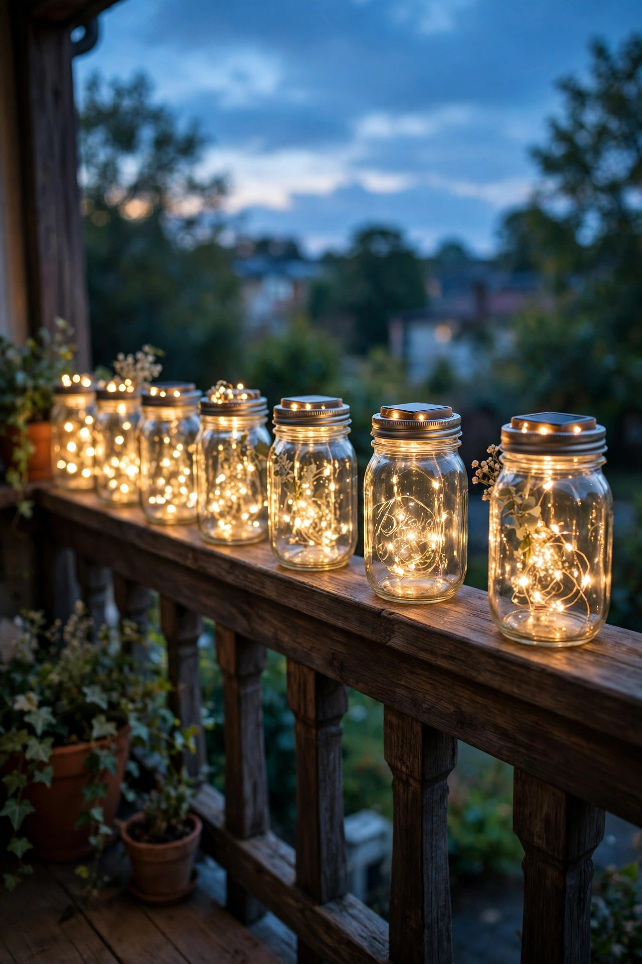 Mason jars with solar lids glowing with fairy lights along a balcony railing at dusk
