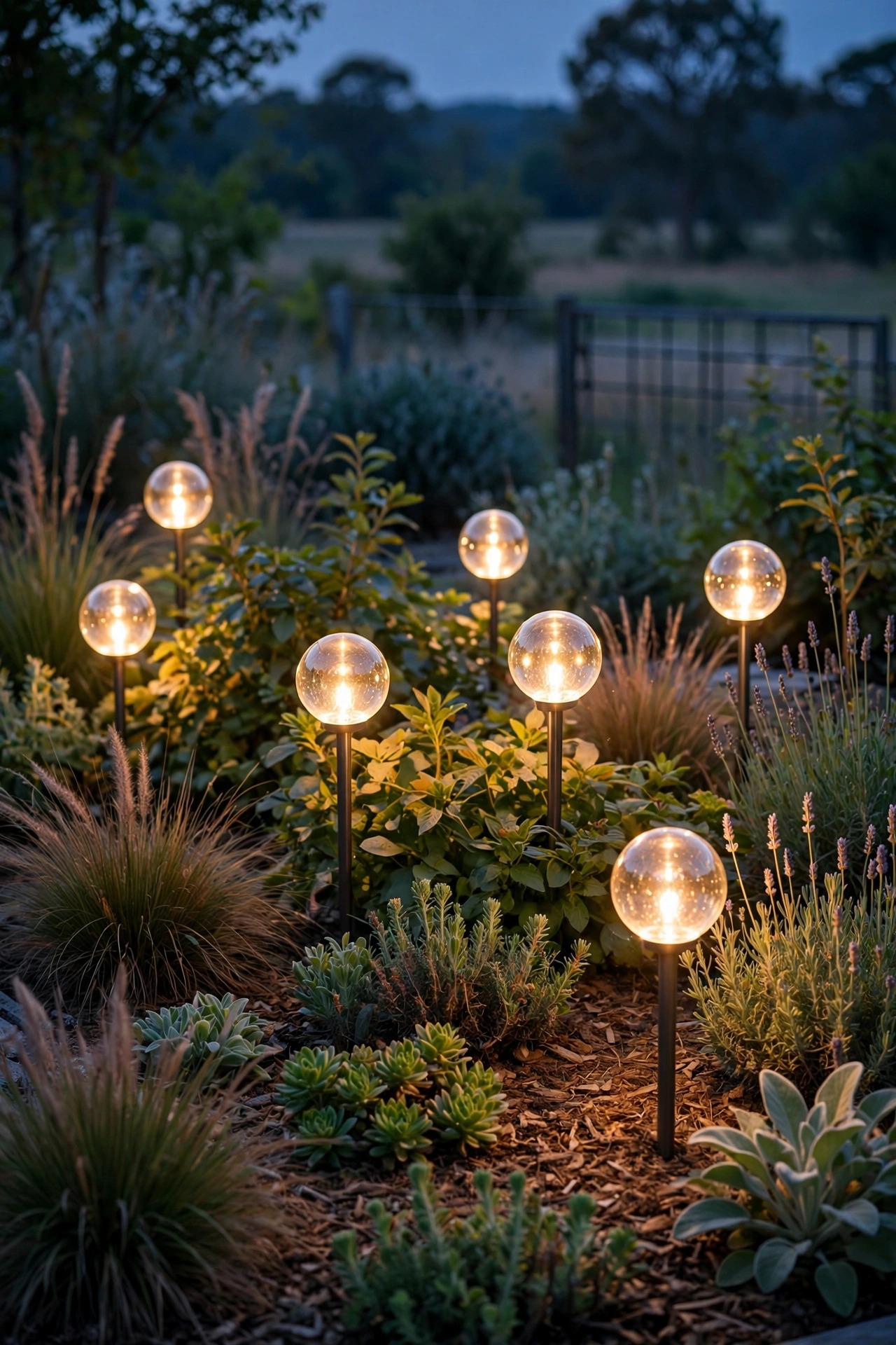 Solar orb stake lights glowing above foliage in a modern garden bed far from the house