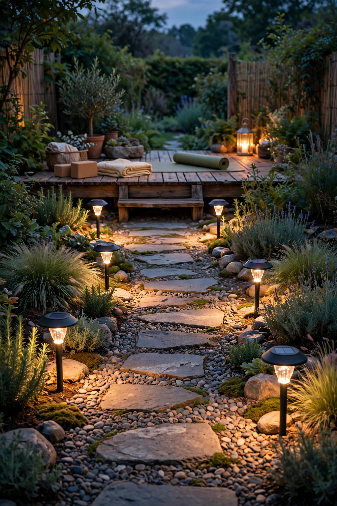 Low hooded solar path lights guiding a garden path toward a yoga deck at dusk