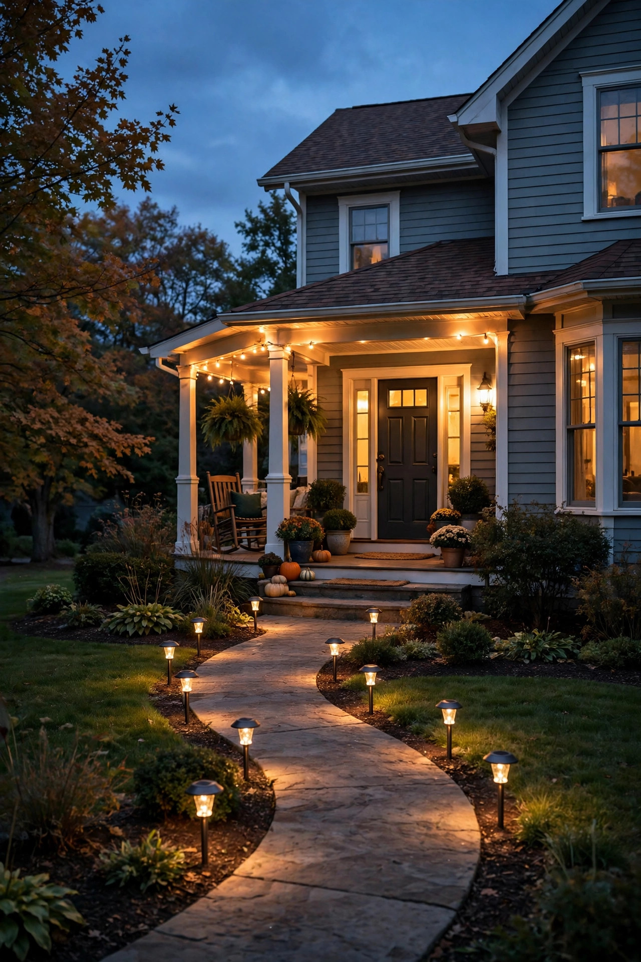 Row of warm solar path lights edging a mobile home patio slab at dusk, spaced evenly along the concrete with a glowing light pool in front of each