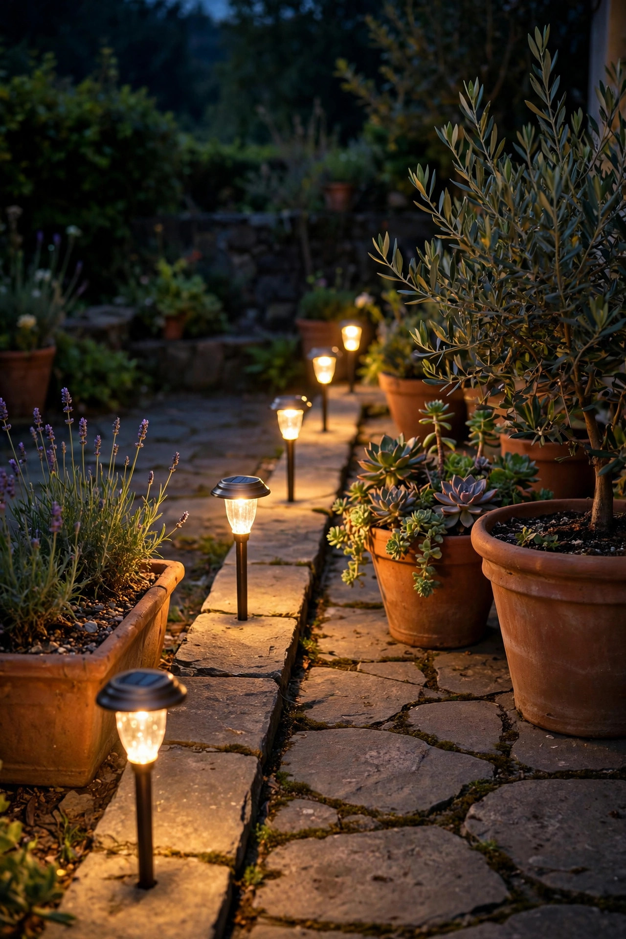 Warm solar stake lights lining the edge of a stone patio beside terracotta planters at night