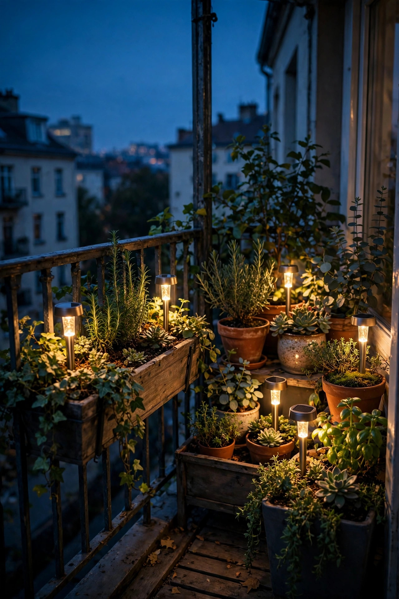 Short solar stake lights glowing in apartment balcony planters and window boxes at dusk, soft light among potted plants