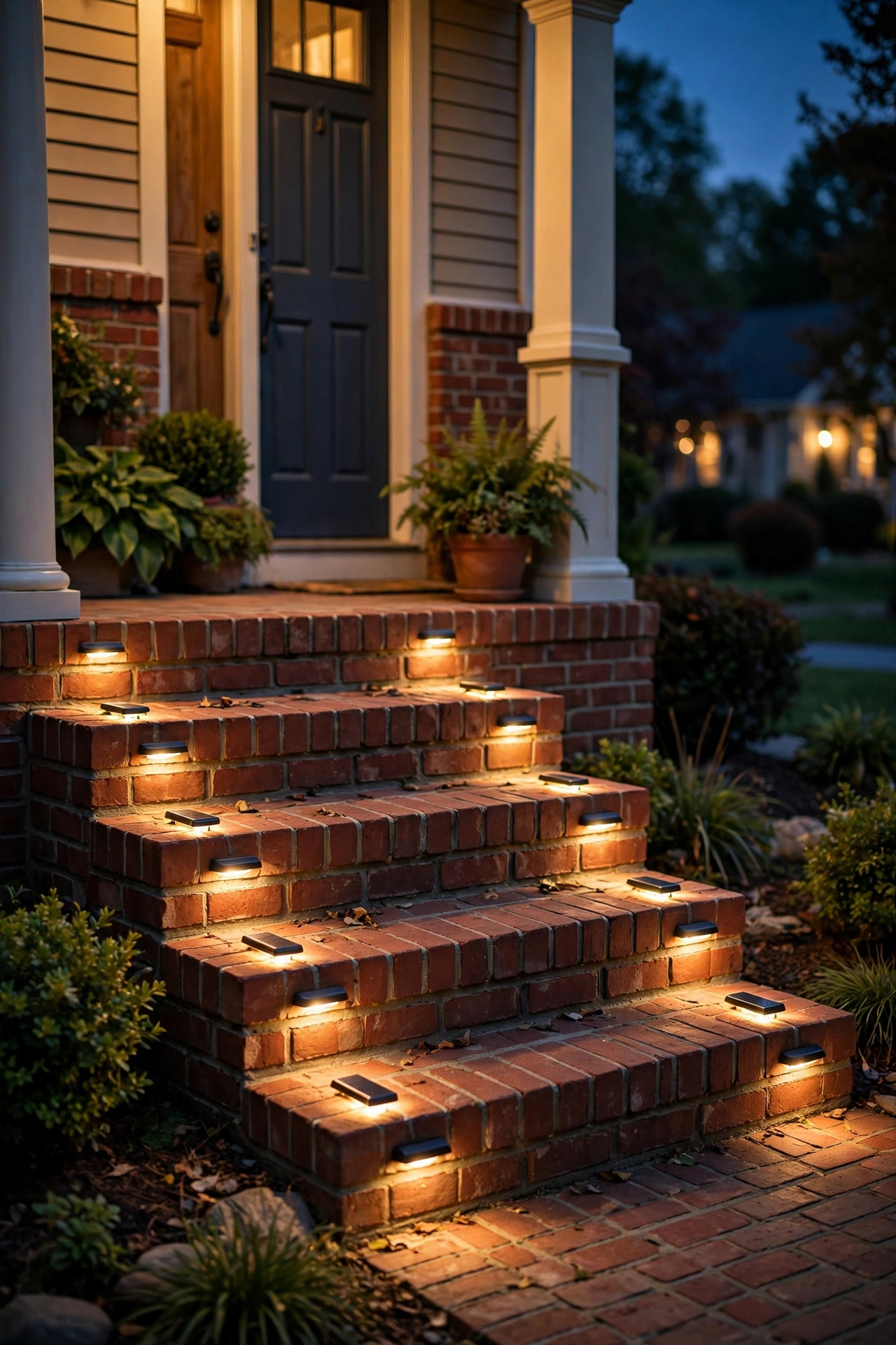 Solar step lights glowing on the risers of a wooden deck staircase at twilight