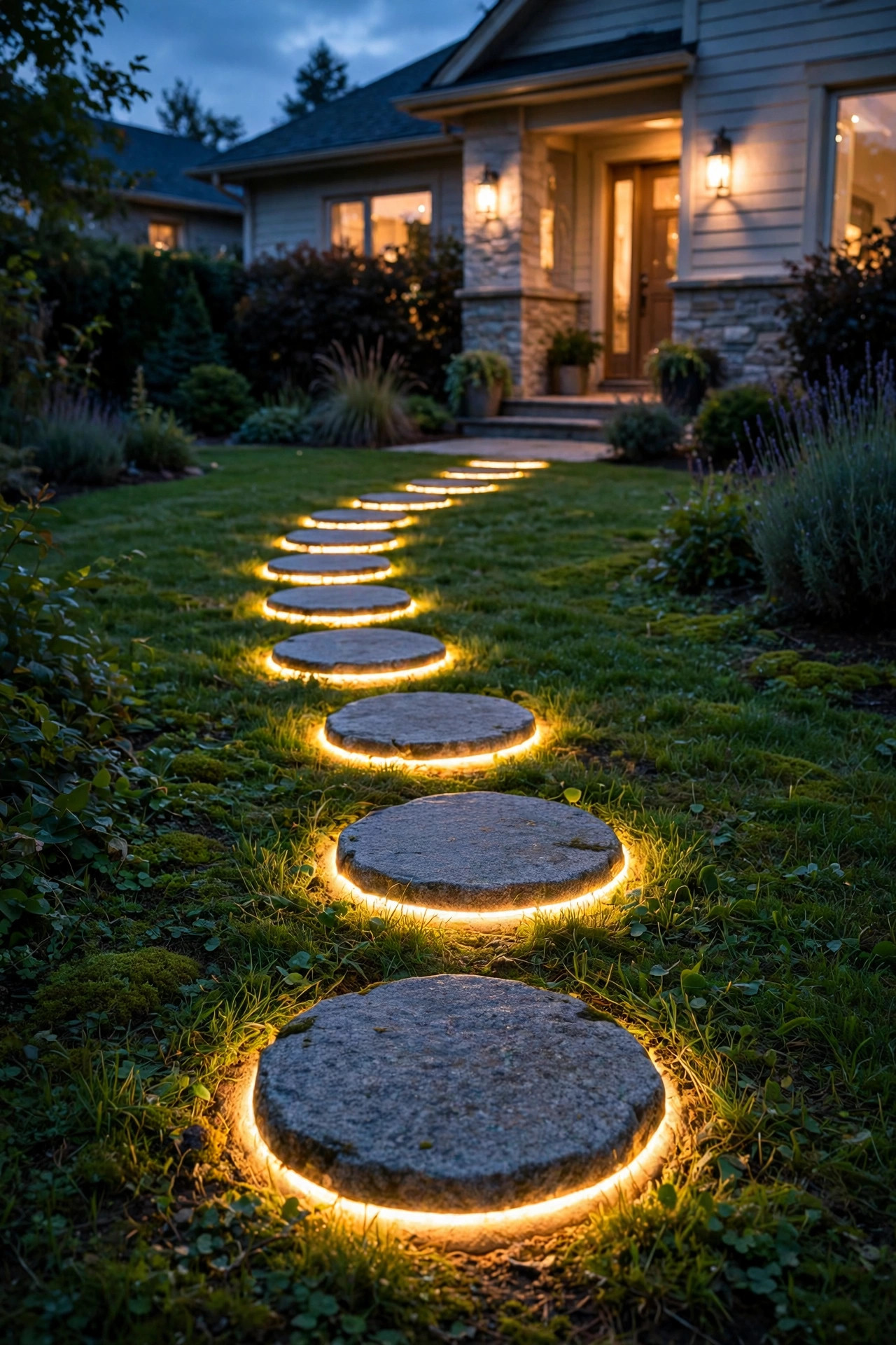 Solar stepping stones with glowing rims forming a lit path across a lawn at dusk