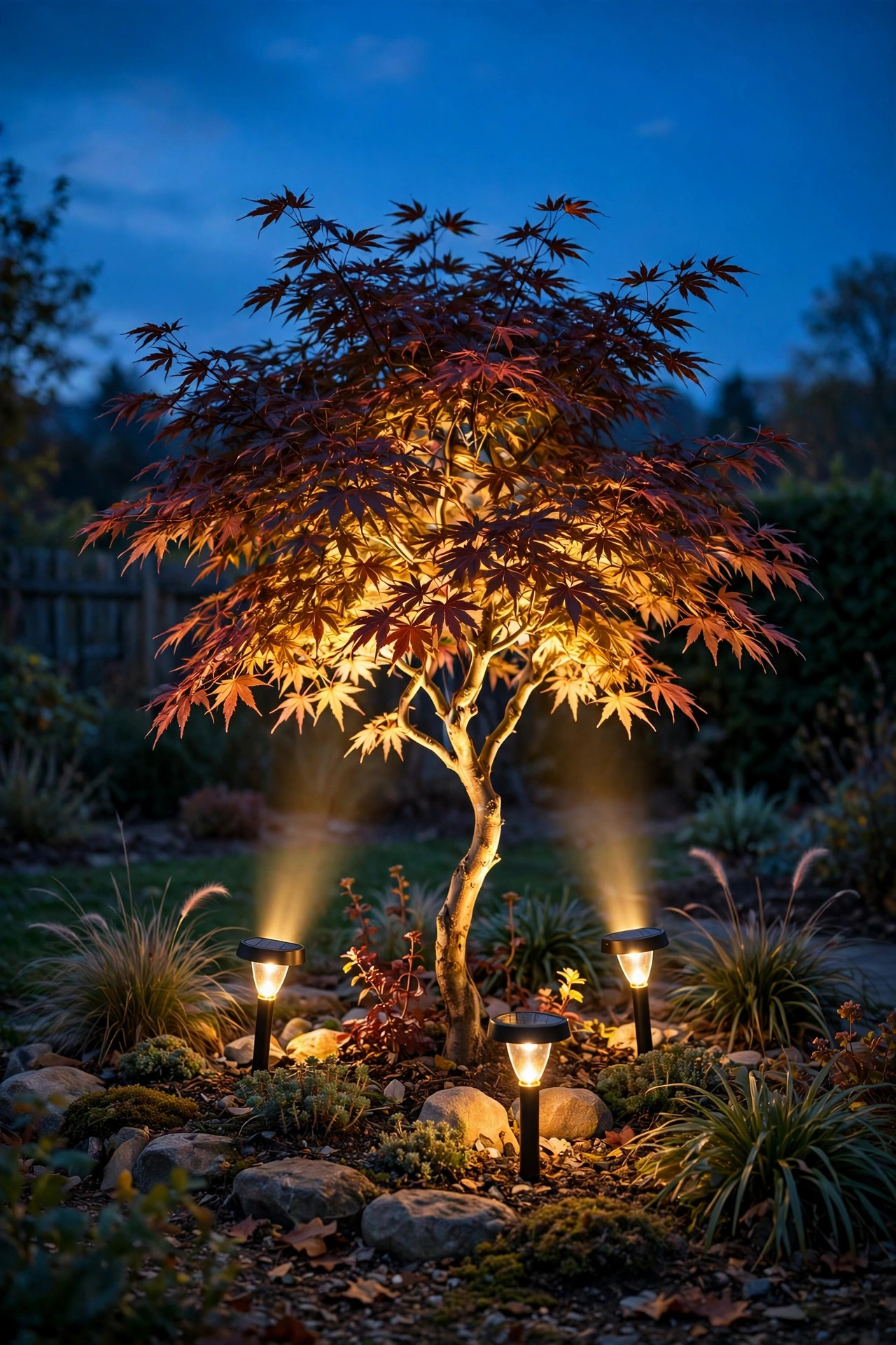 Solar spotlights uplighting a small ornamental tree canopy in a garden bed at dusk
