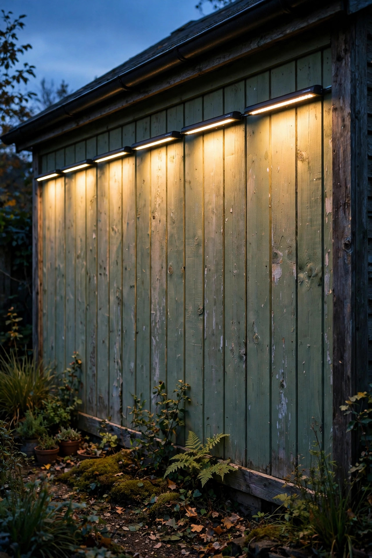 Solar linear LED wash bars along a garden shed wall at dusk softly washing the boards with warm light