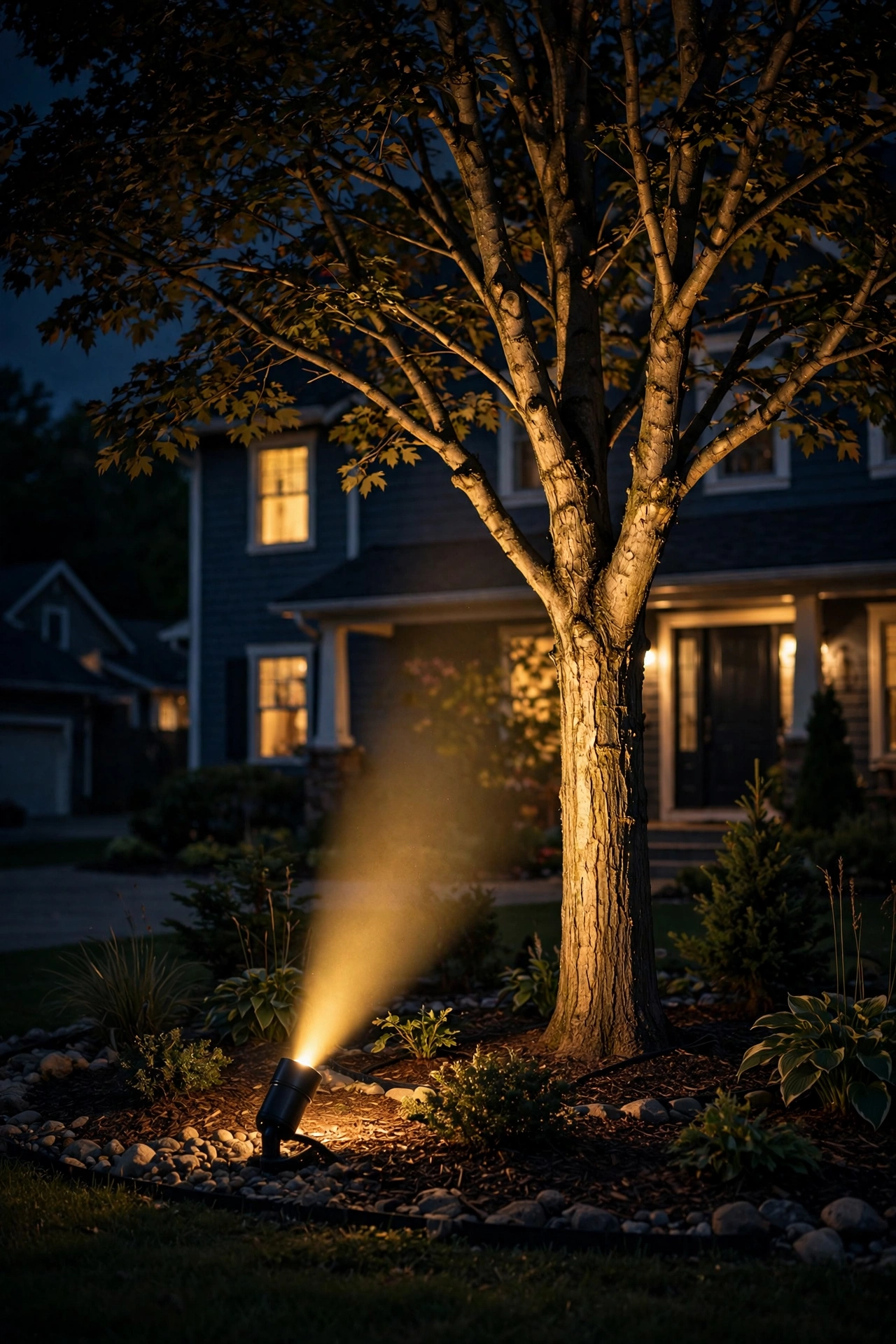 Diagram-style night photo showing uplight setback distances and beam angles on a tree