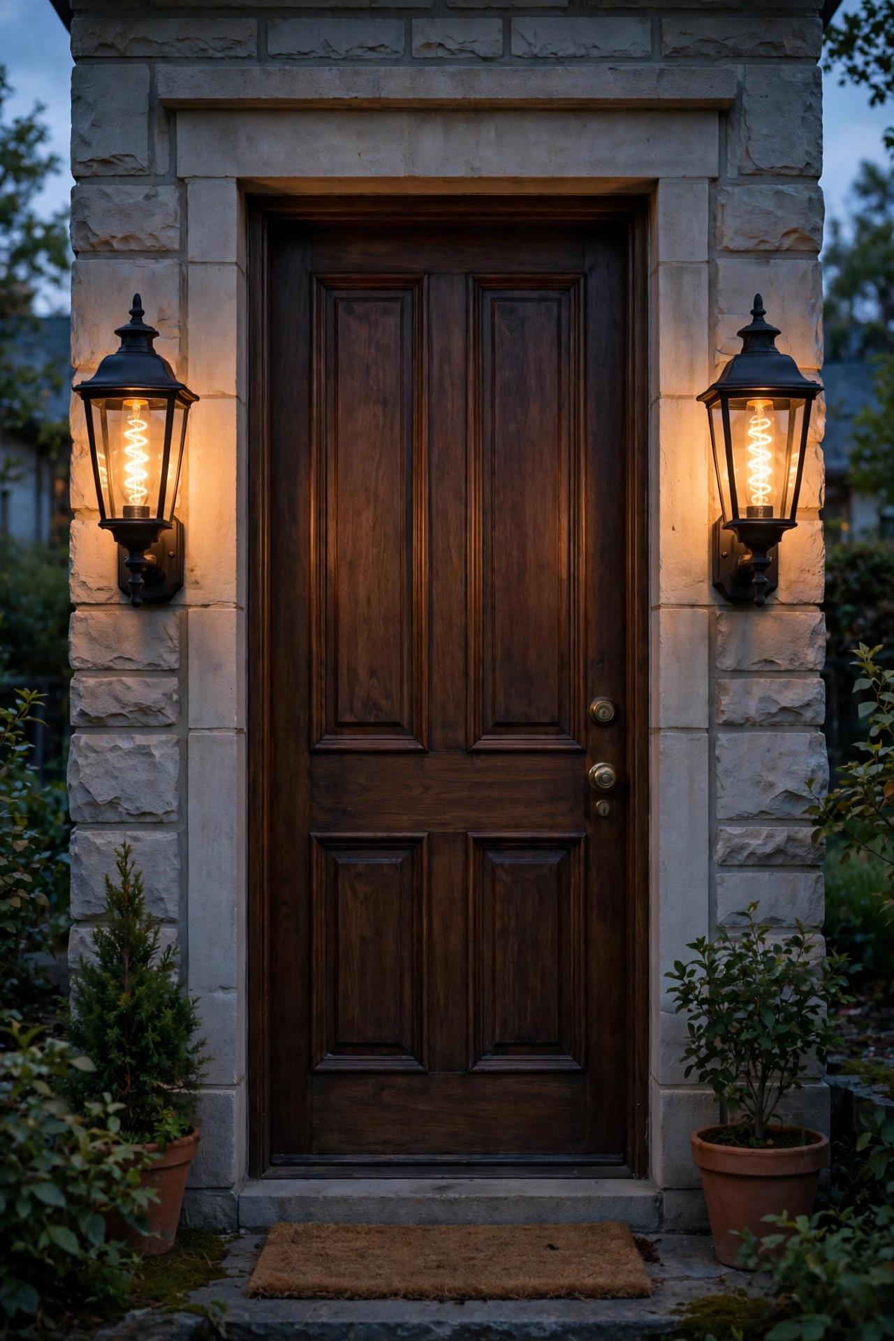 Twin porch sconces with spiral vintage filament bulbs glowing symmetrically on either side of a front door