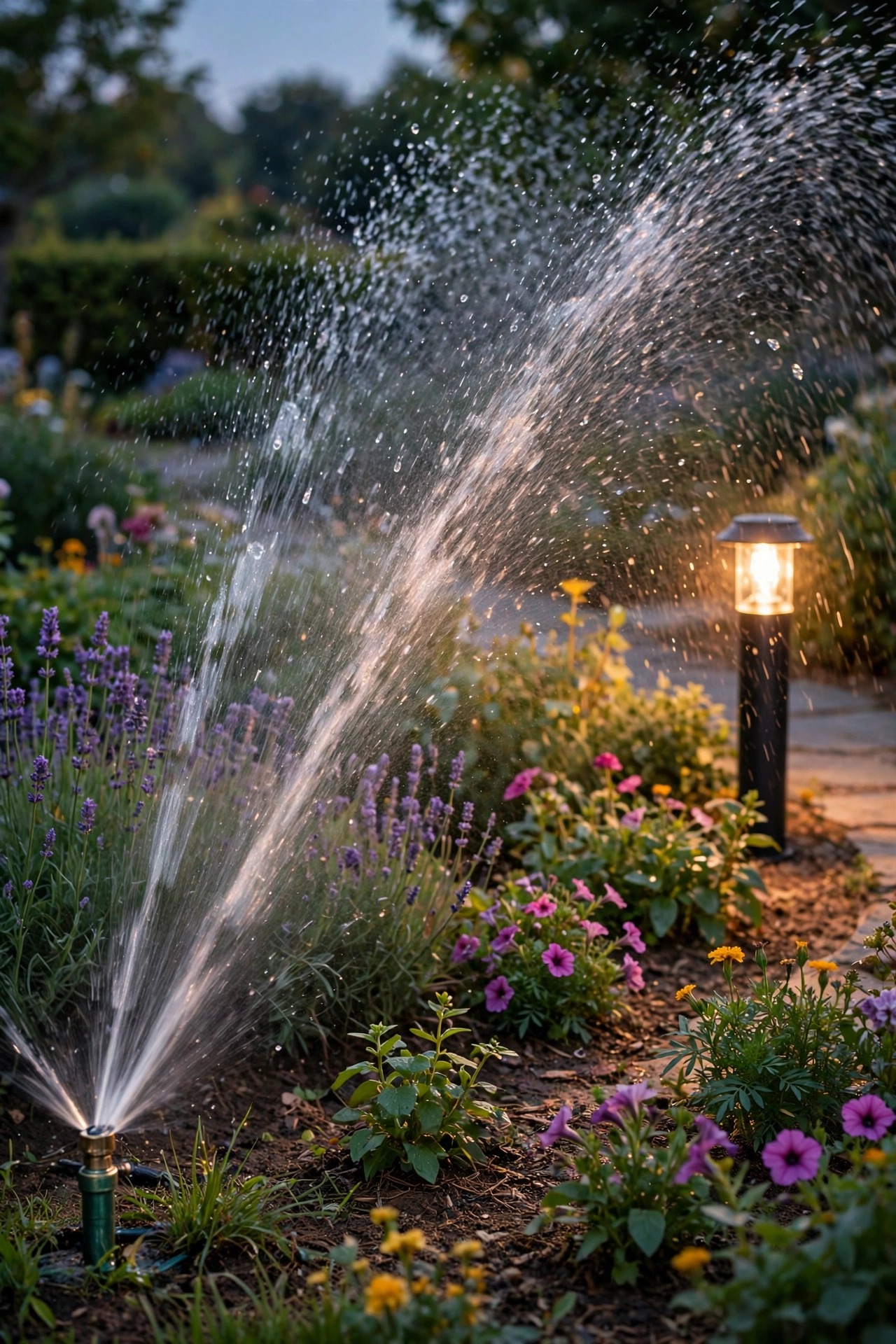 Garden sprinkler spraying water across a flower bed toward a path light, showing how daily watering ages outdoor fixtures