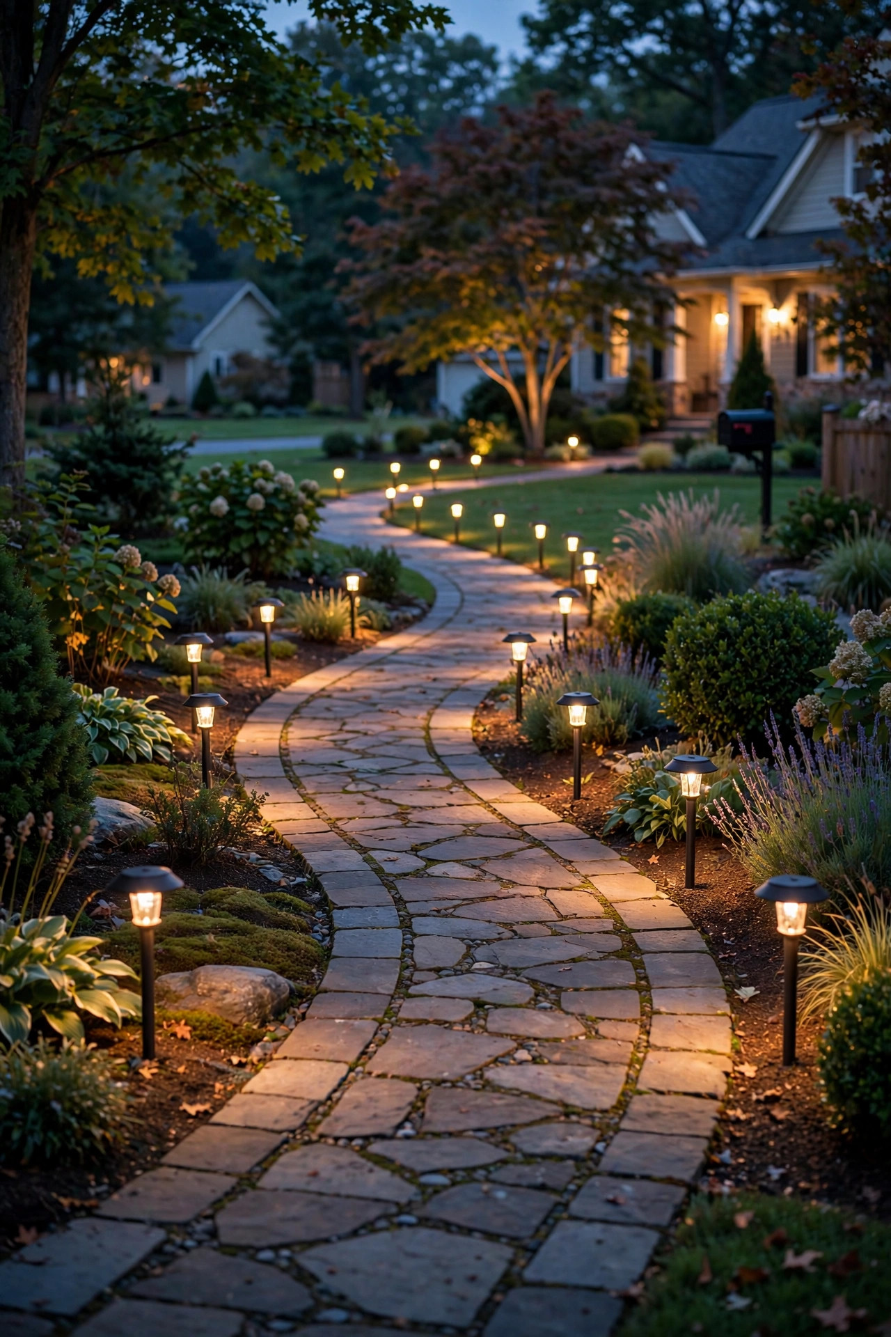 Staggered path lights alternating on both sides of a curving walkway