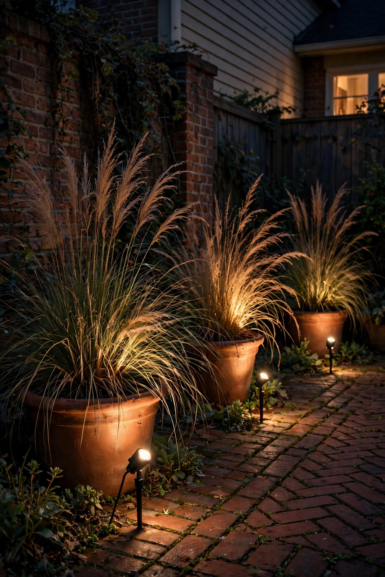 Mini stake lights illuminating courtyard planters at night